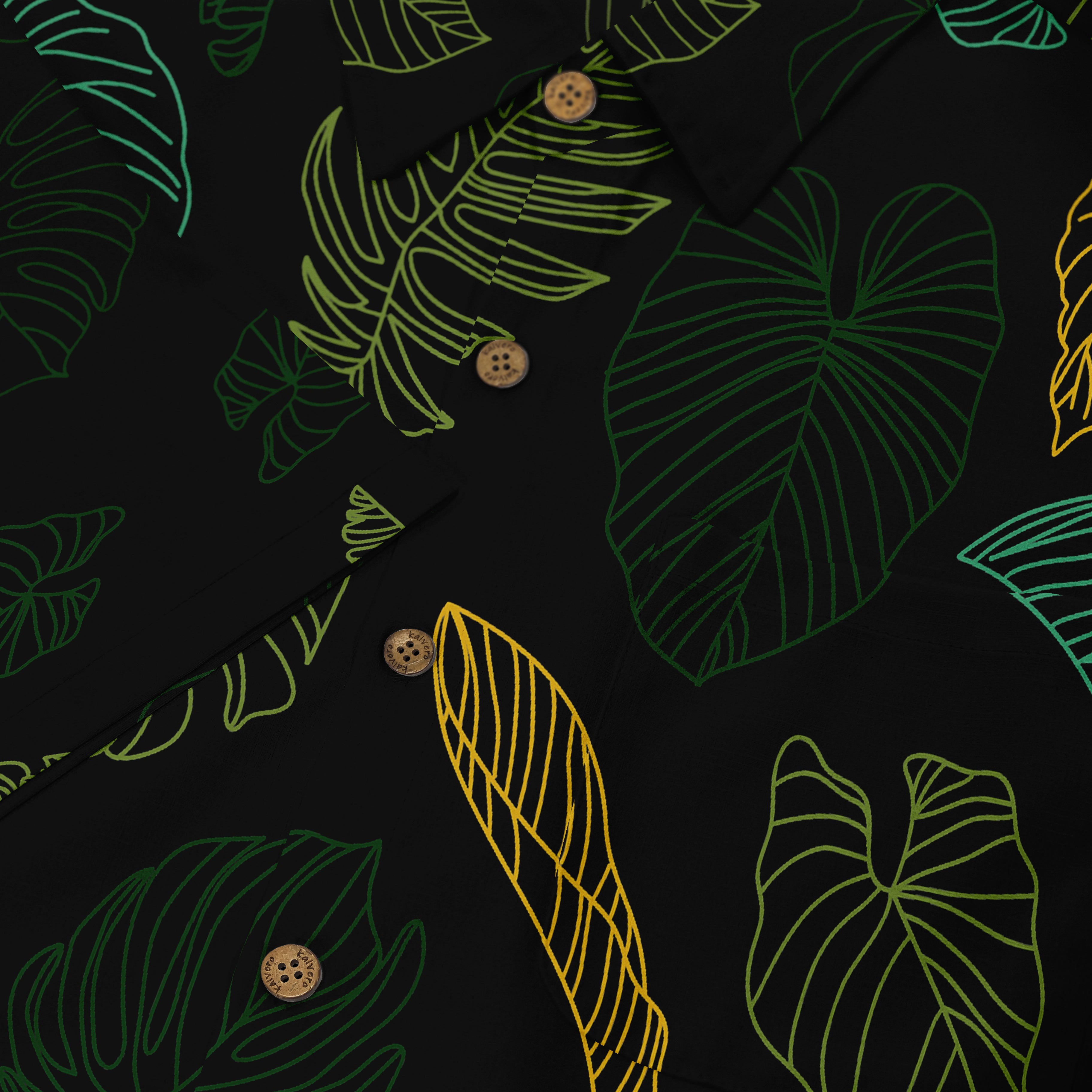 Black shirt with vibrant green and yellow leaf patterns and wooden.
