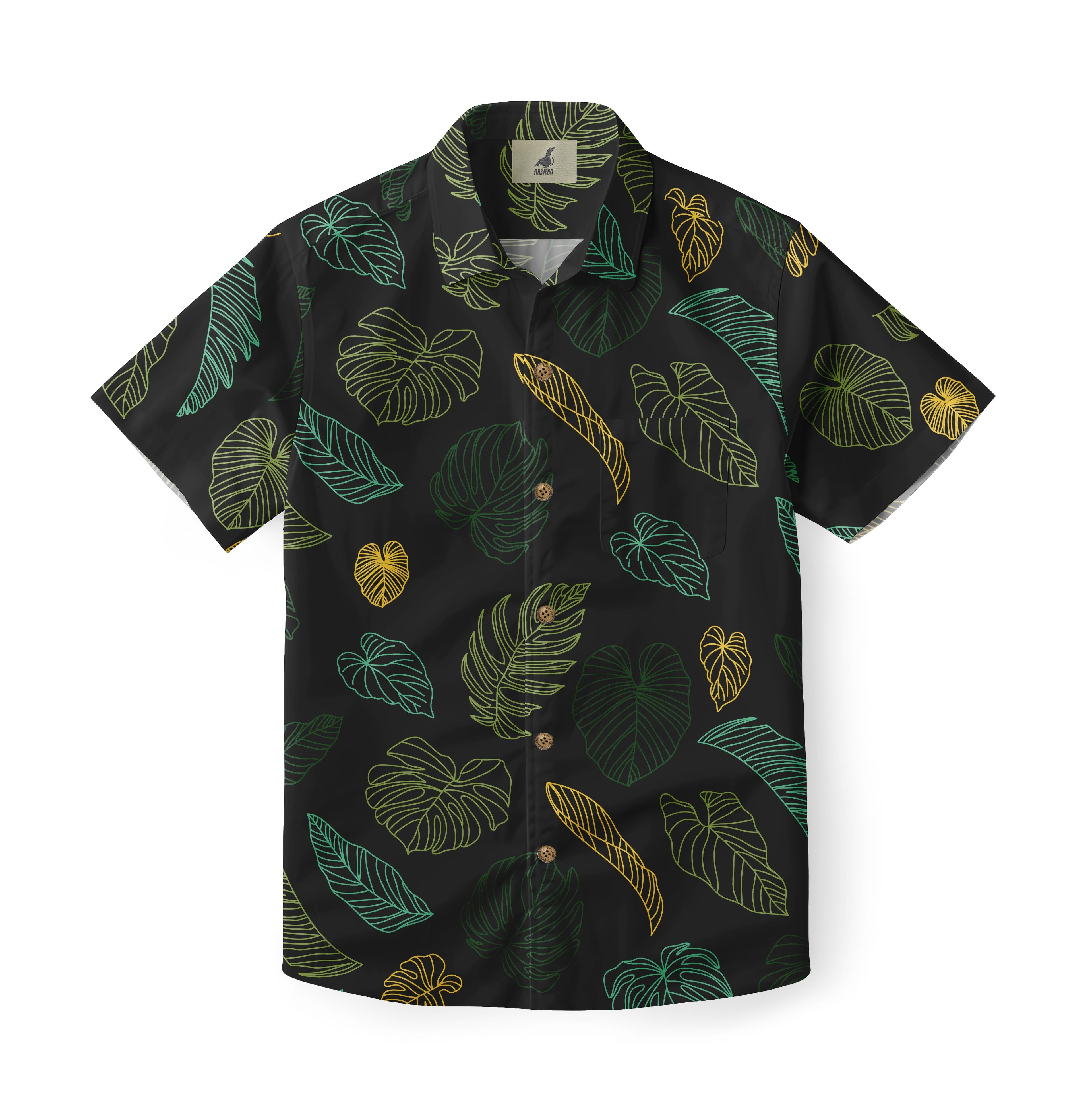 Black short-sleeve shirt with vibrant tropical leaf patterns.