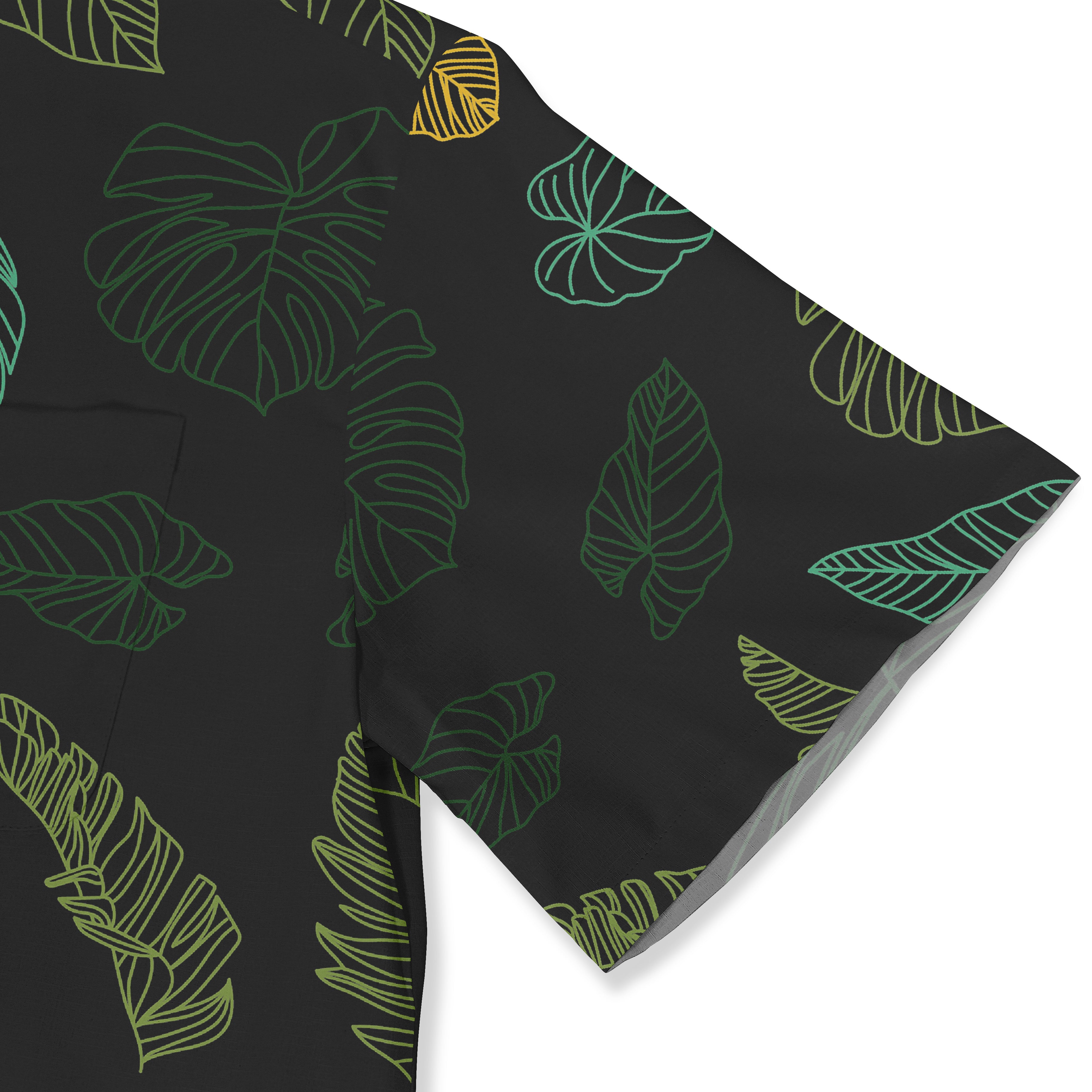 Black fabric with green and yellow leaf patterns, featuring tropical.