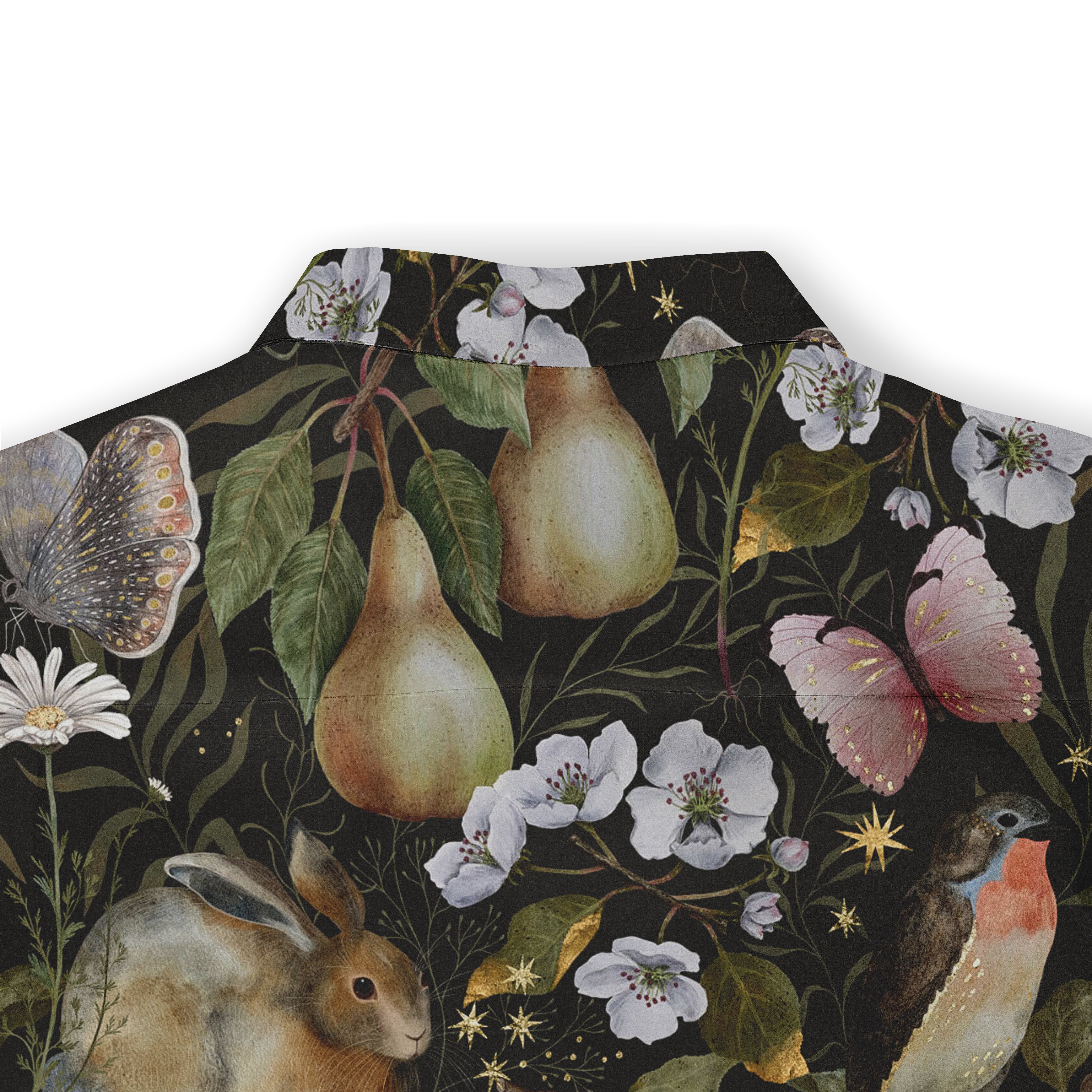 Dark floral fabric with pears, rabbit, bird, and butterflies.