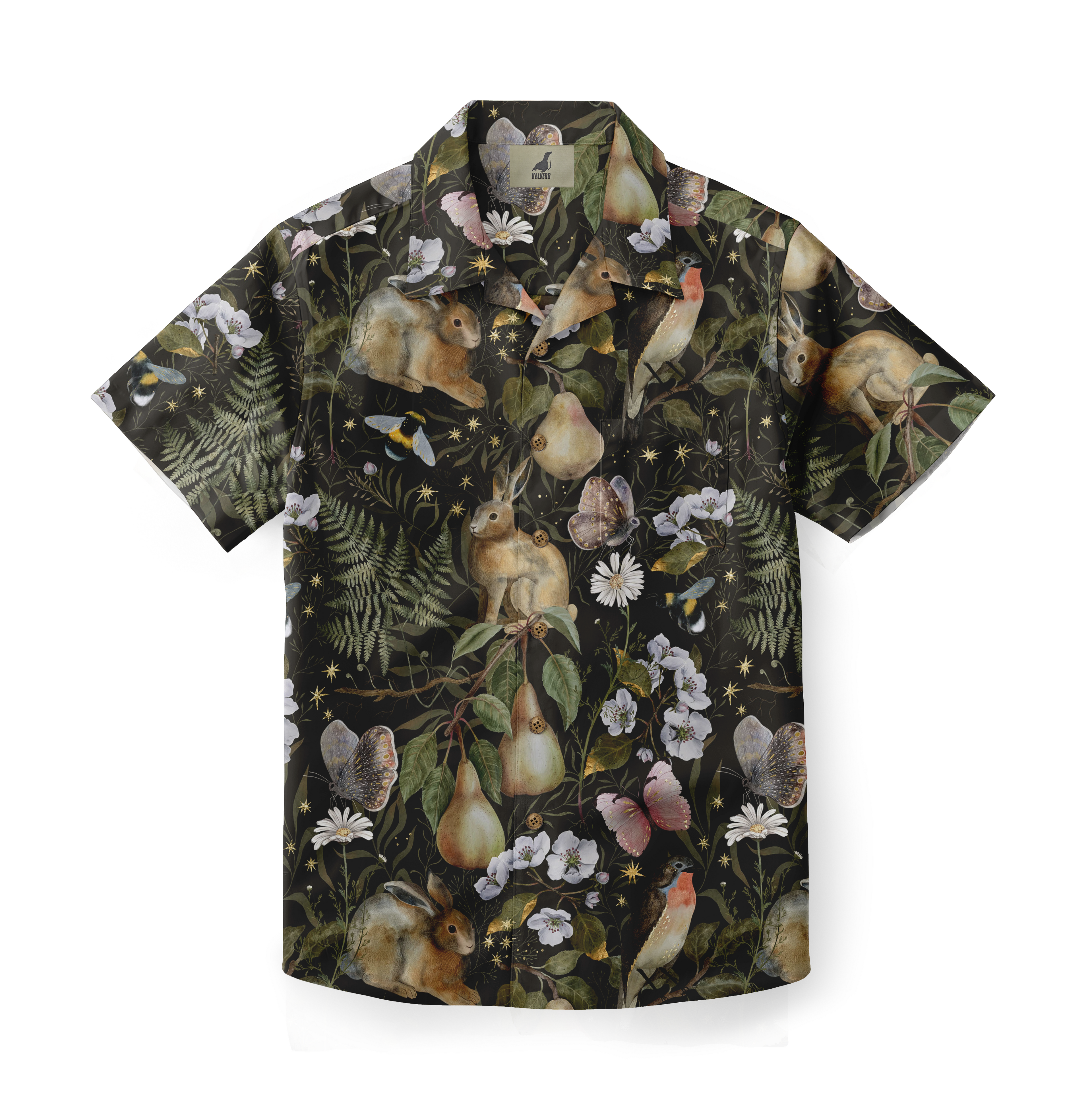 Dark shirt with rabbits, birds, butterflies, flowers, and pears.
