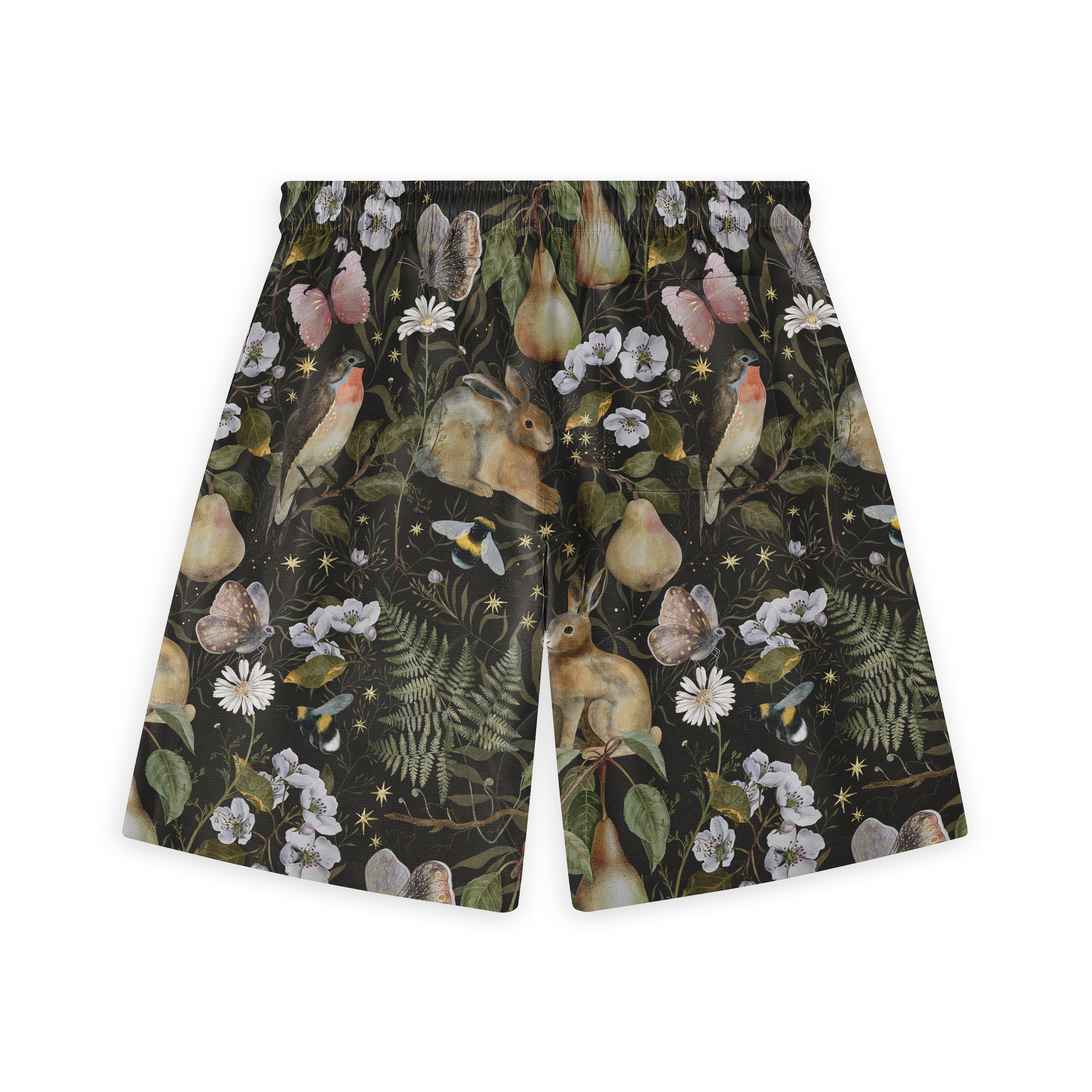 Black shorts with a whimsical print of rabbits, birds, butterflies.