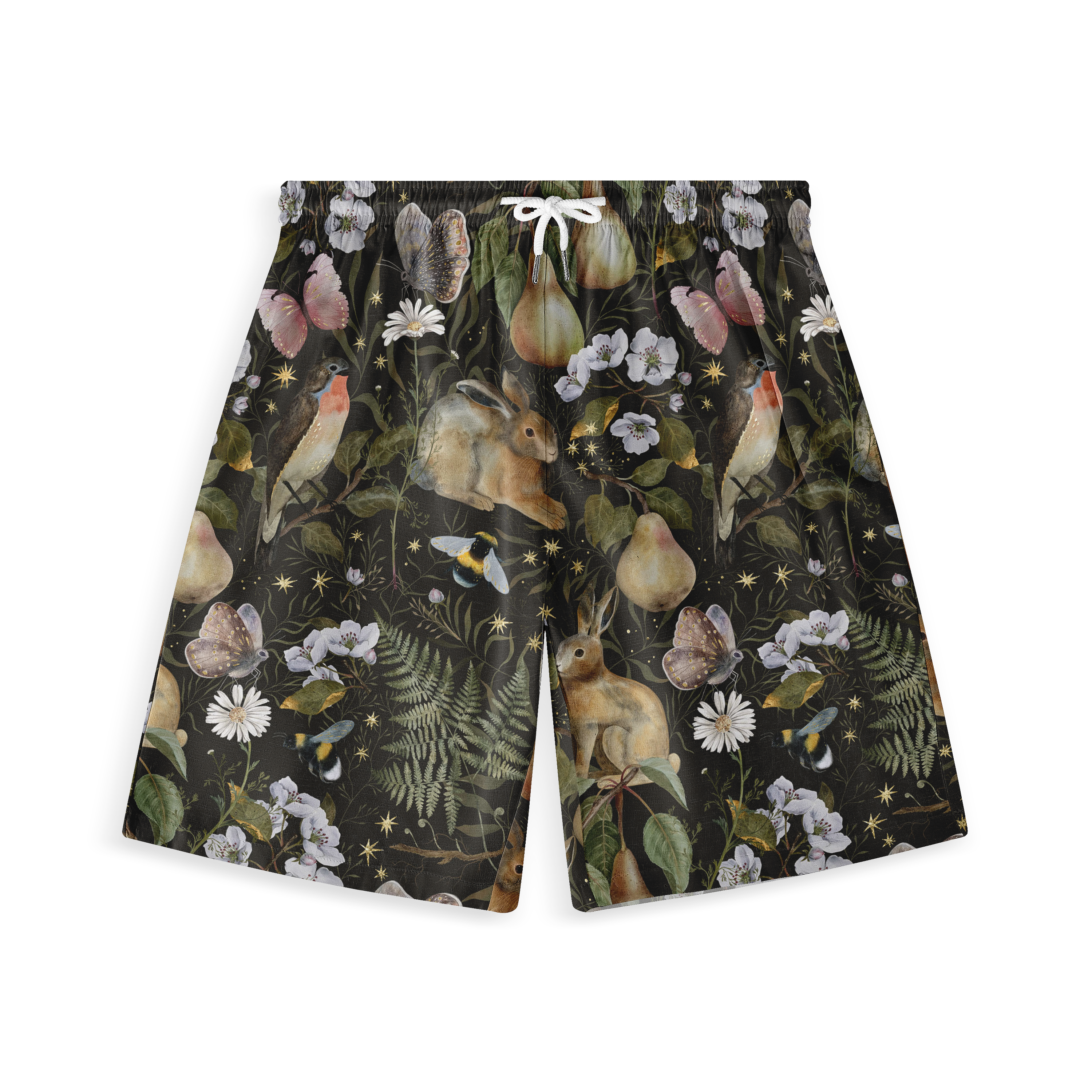 Black shorts with a whimsical print of rabbits, birds, butterflies.