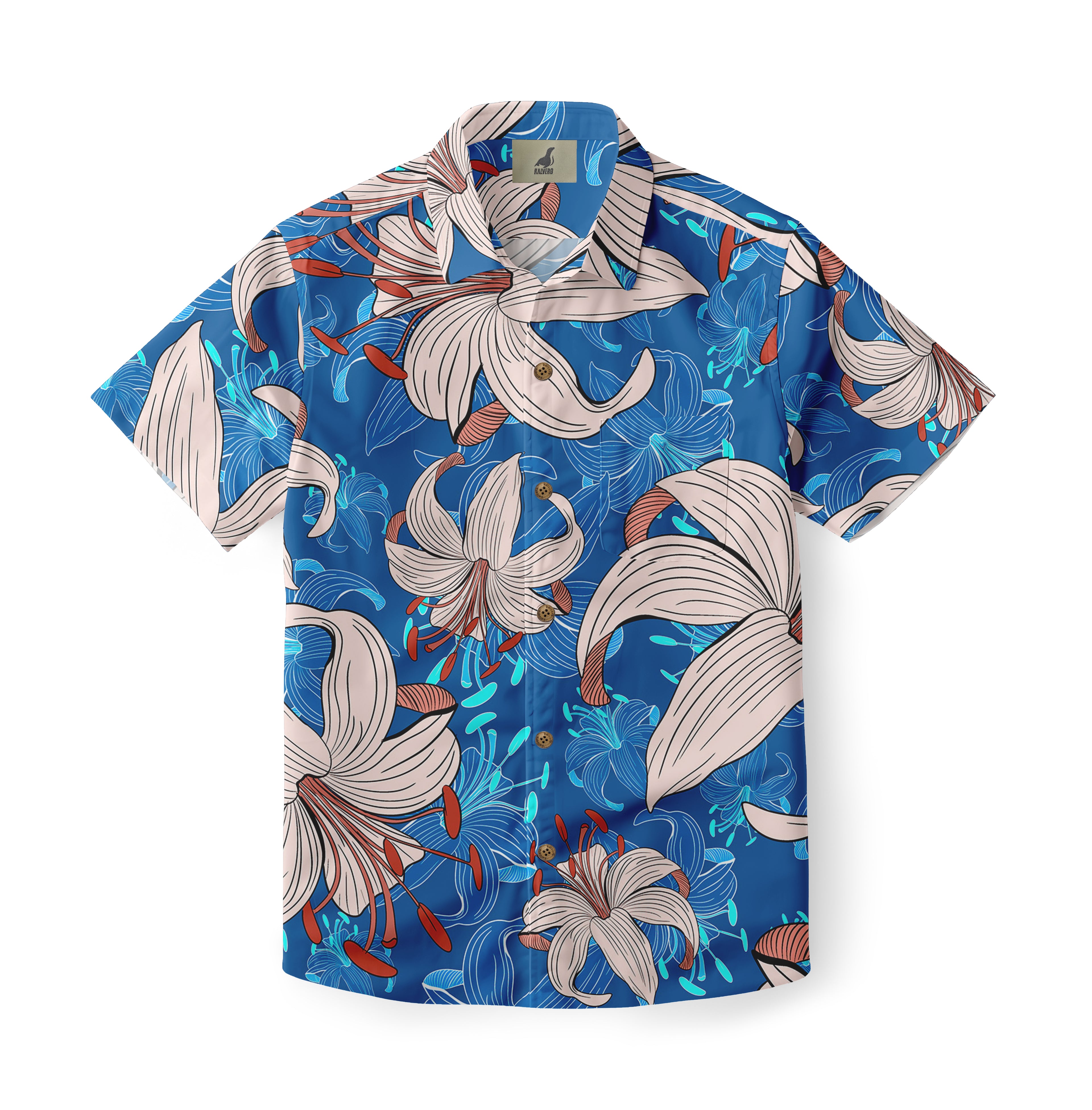 Blue shirt with white lilies and red stamens, button-up design.