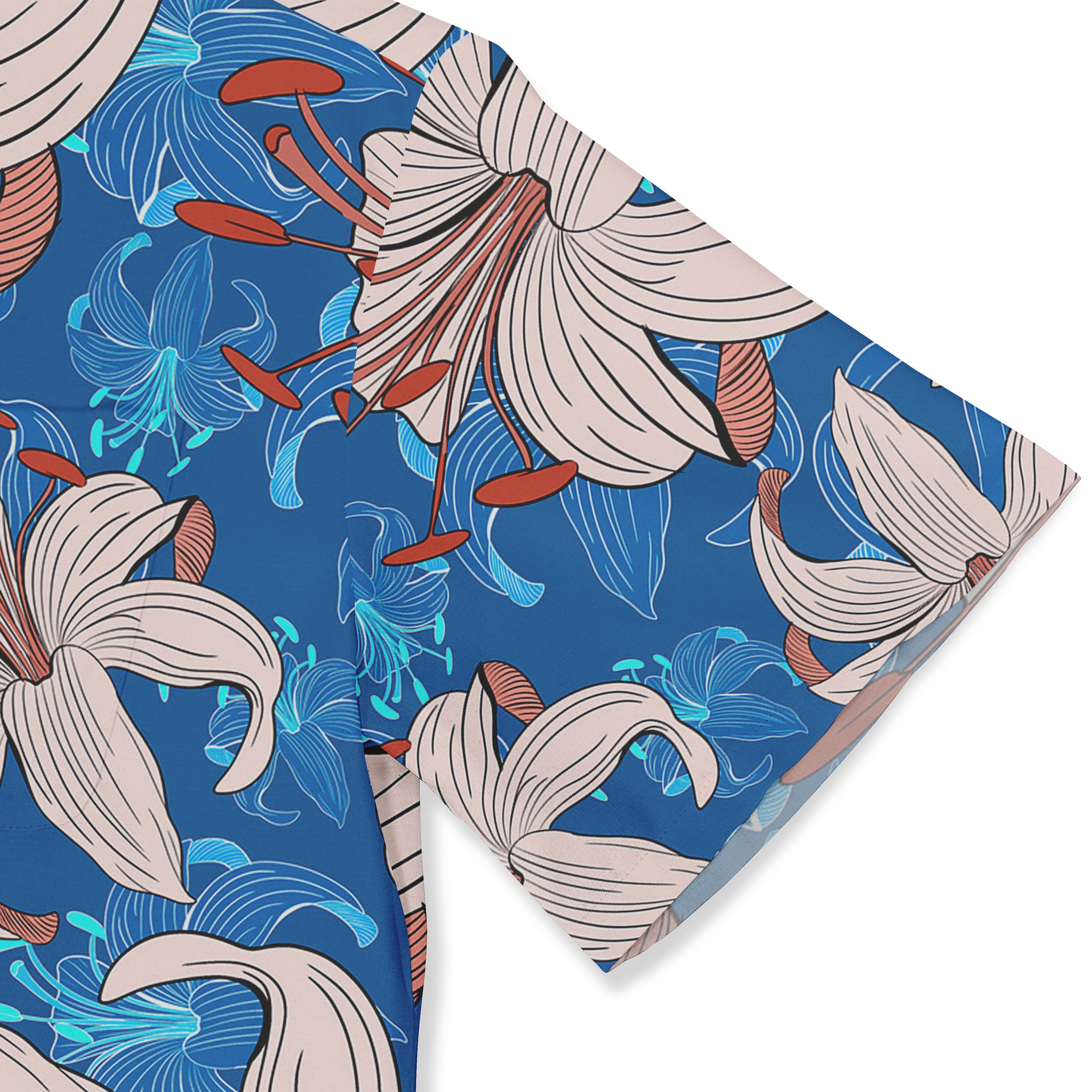 Blue fabric with large floral pattern featuring beige and red.