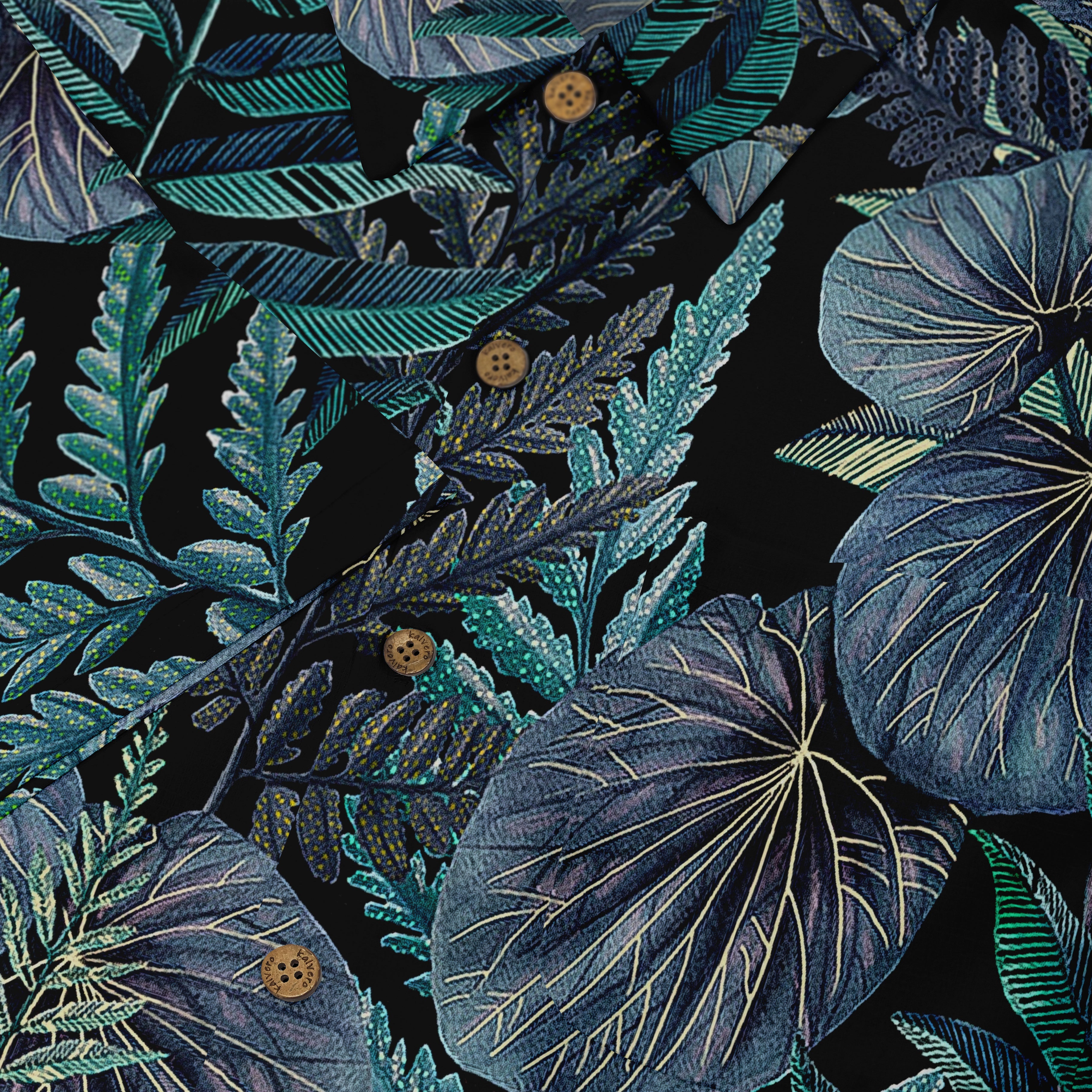 Black shirt with vibrant tropical leaf pattern in teal, blue.