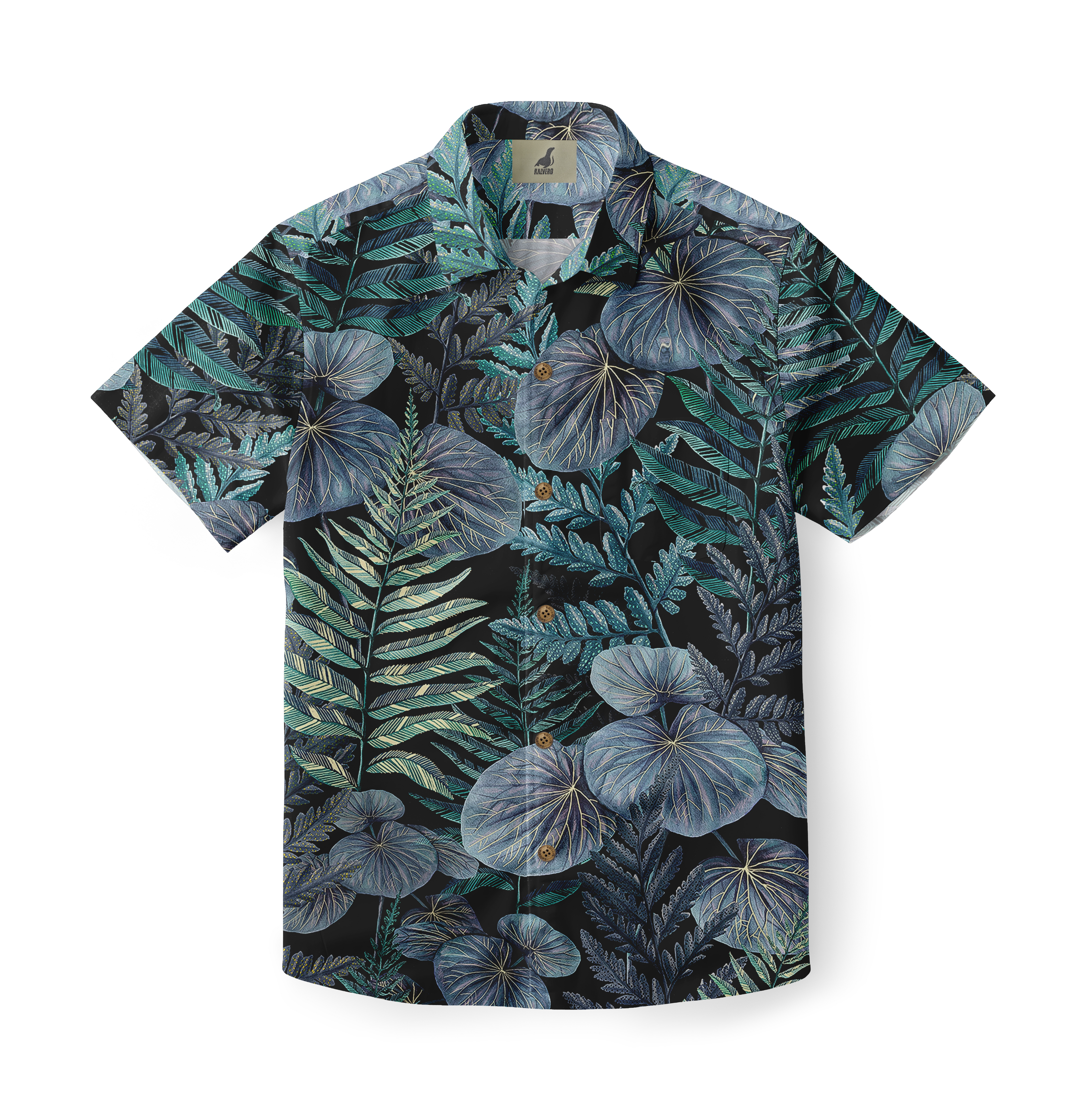 Black short-sleeve shirt with vibrant tropical leaf pattern in teal.