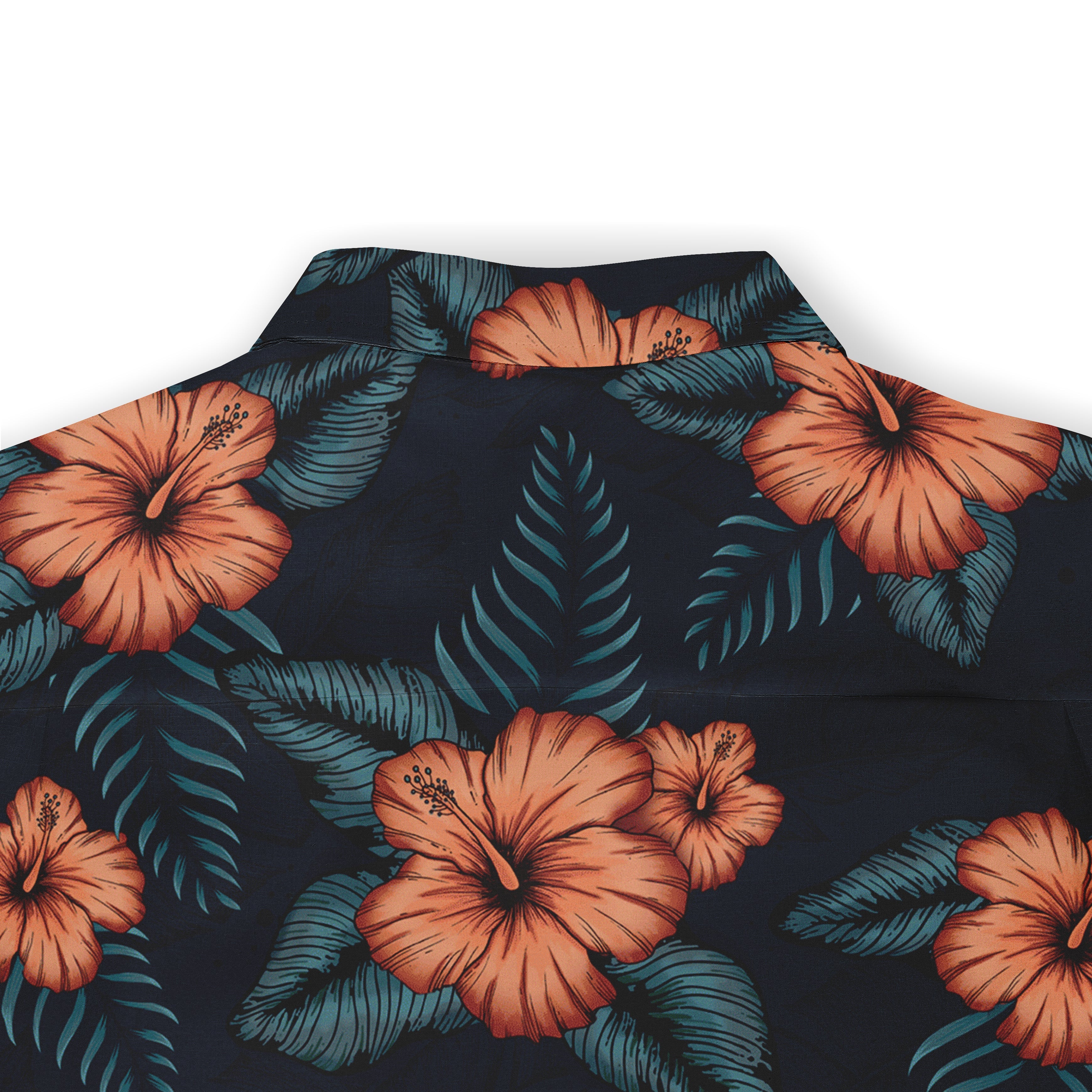 Dark blue shirt with orange hibiscus flowers and teal leaves pattern.