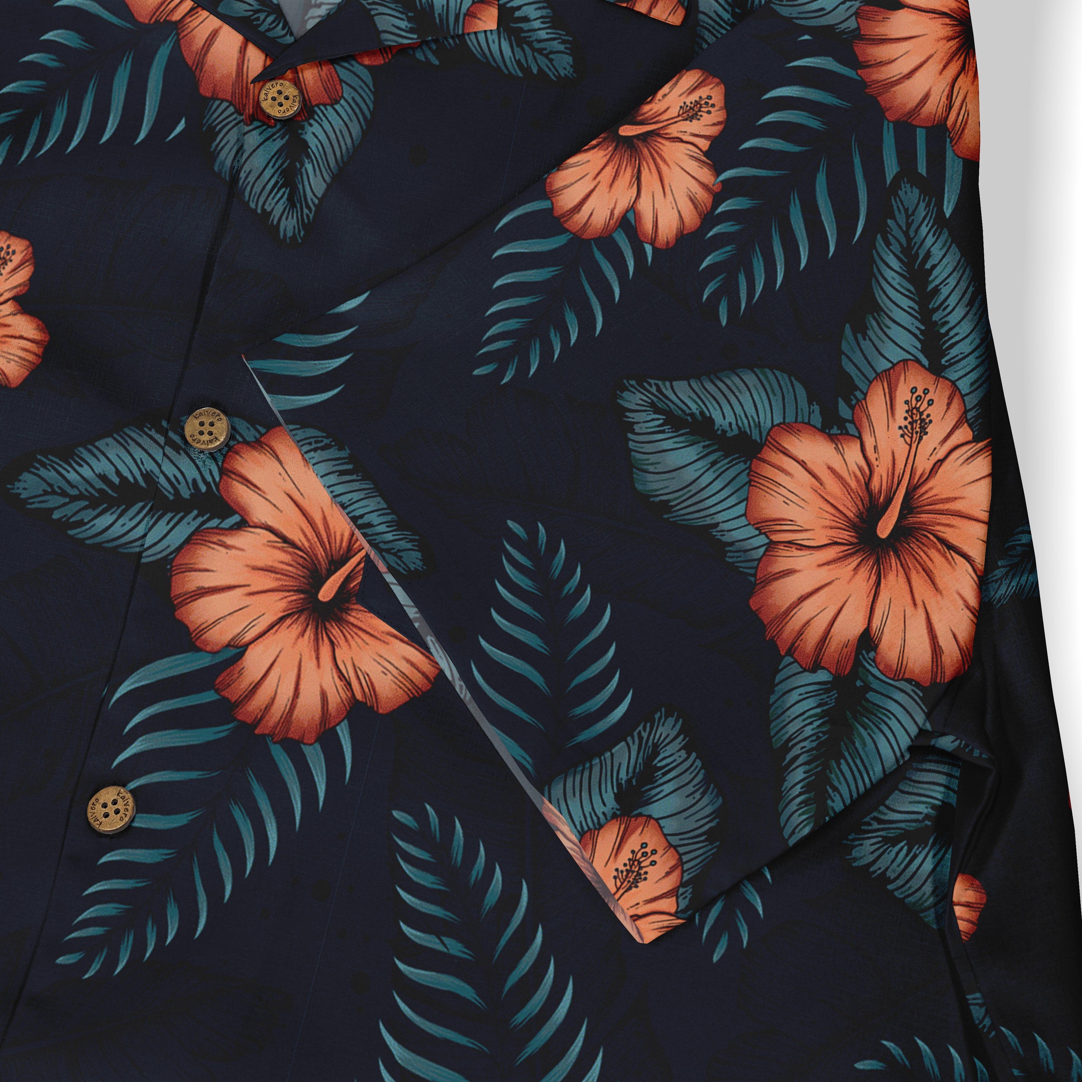 Dark blue shirt with vibrant orange hibiscus flowers and teal leaves.