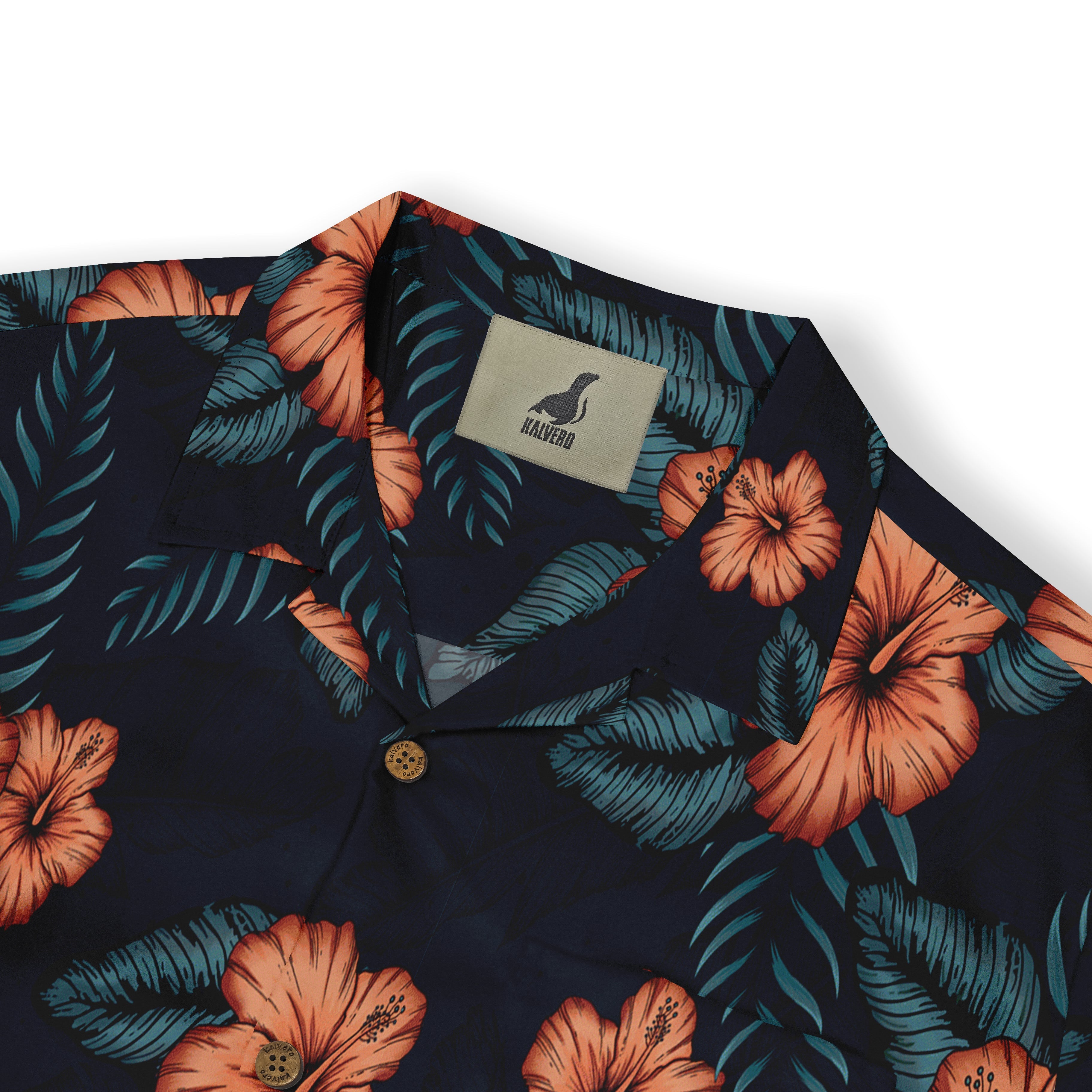 Dark blue shirt with orange flowers and teal leaves, featuring.