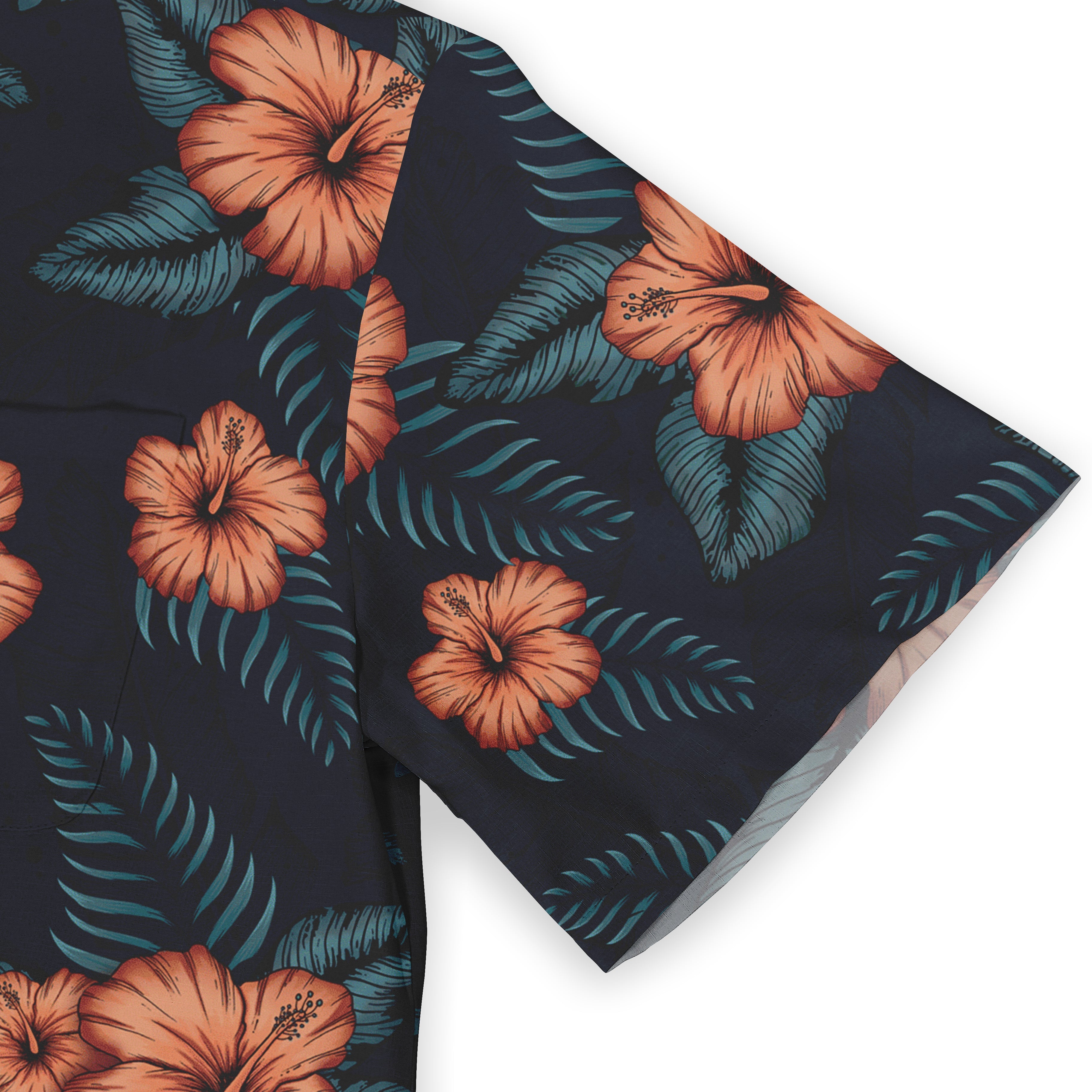 Dark blue fabric with orange hibiscus flowers and teal leaves.
