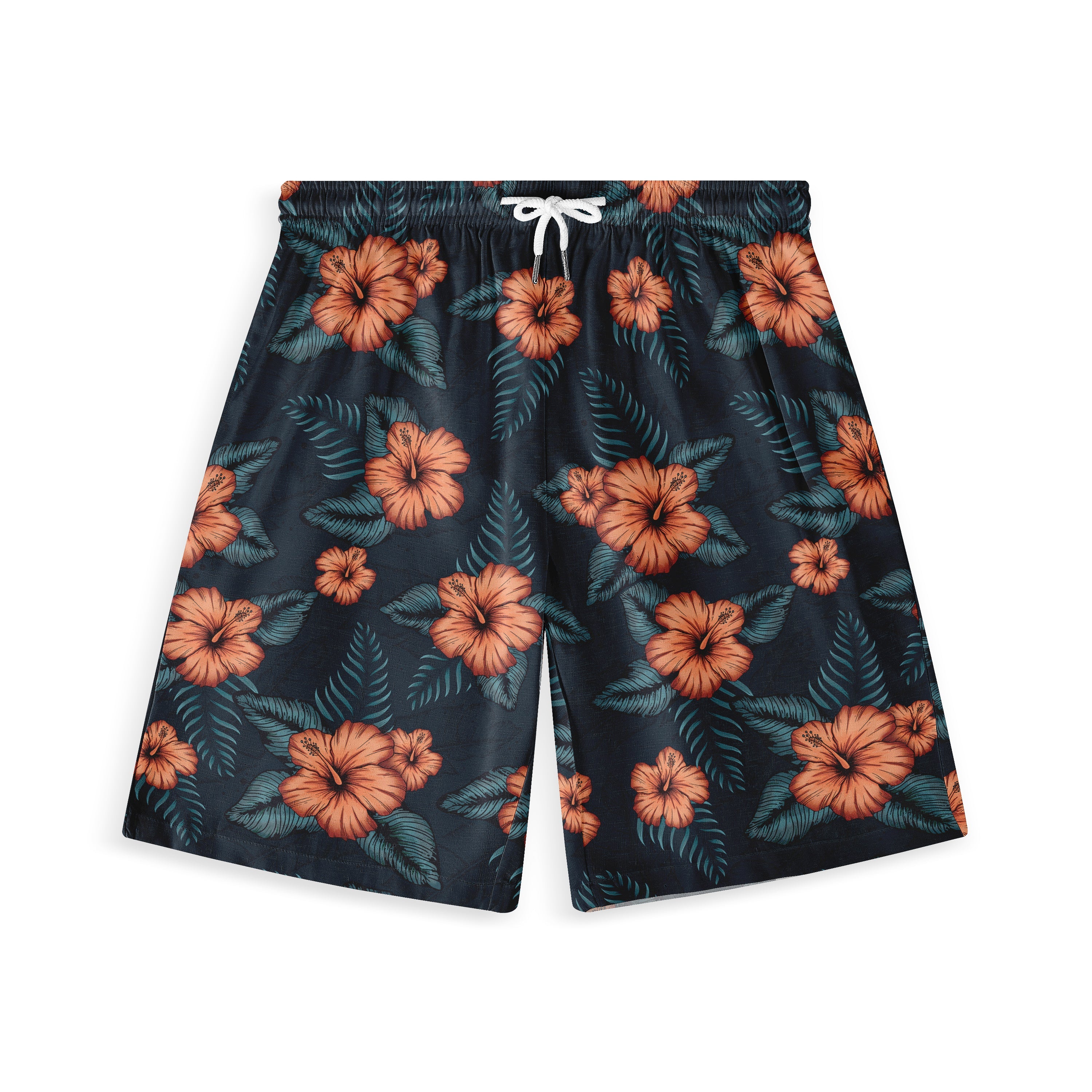 Dark blue swim shorts with orange hibiscus flowers and green leaves.