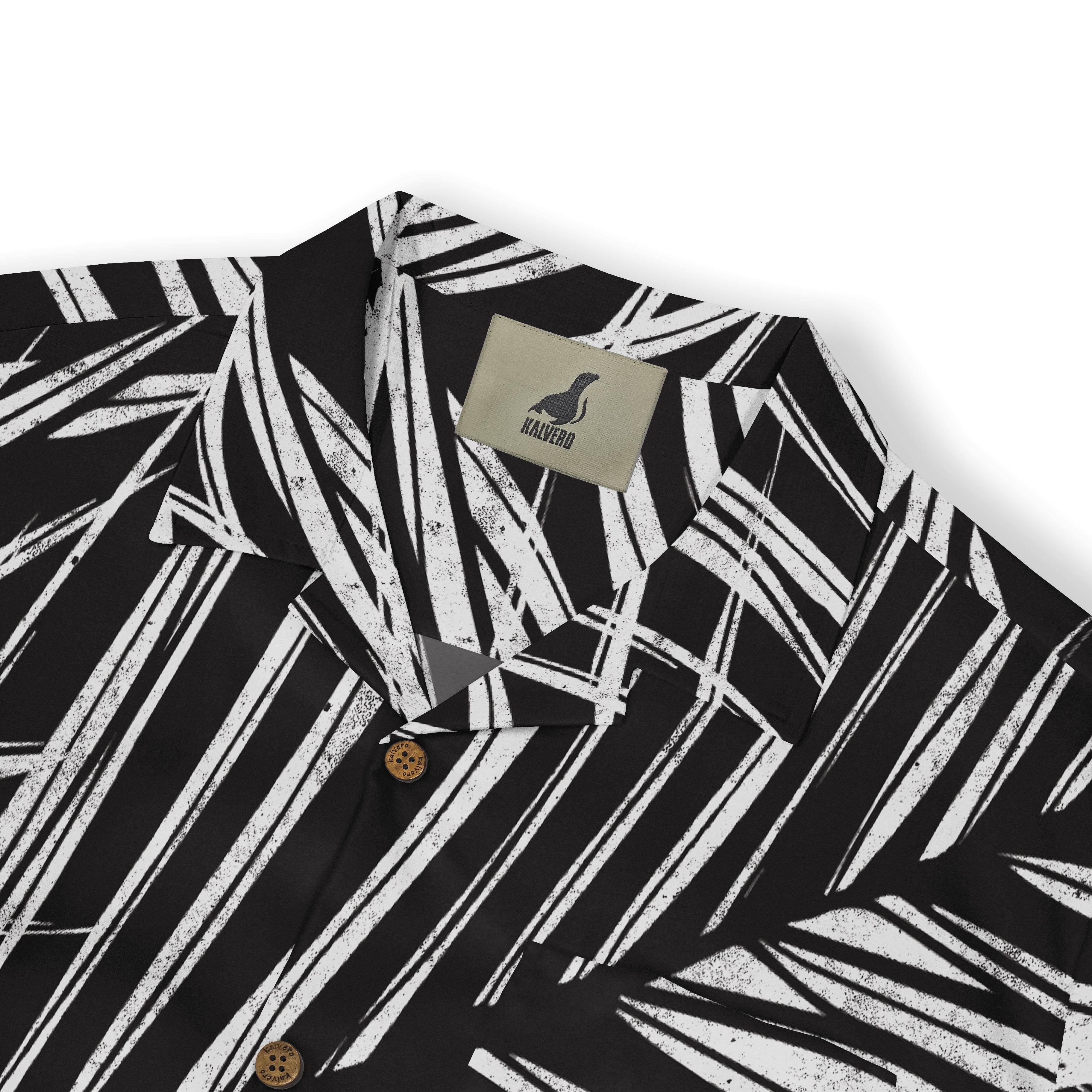 Black and white patterned shirt with bold geometric design, wooden.