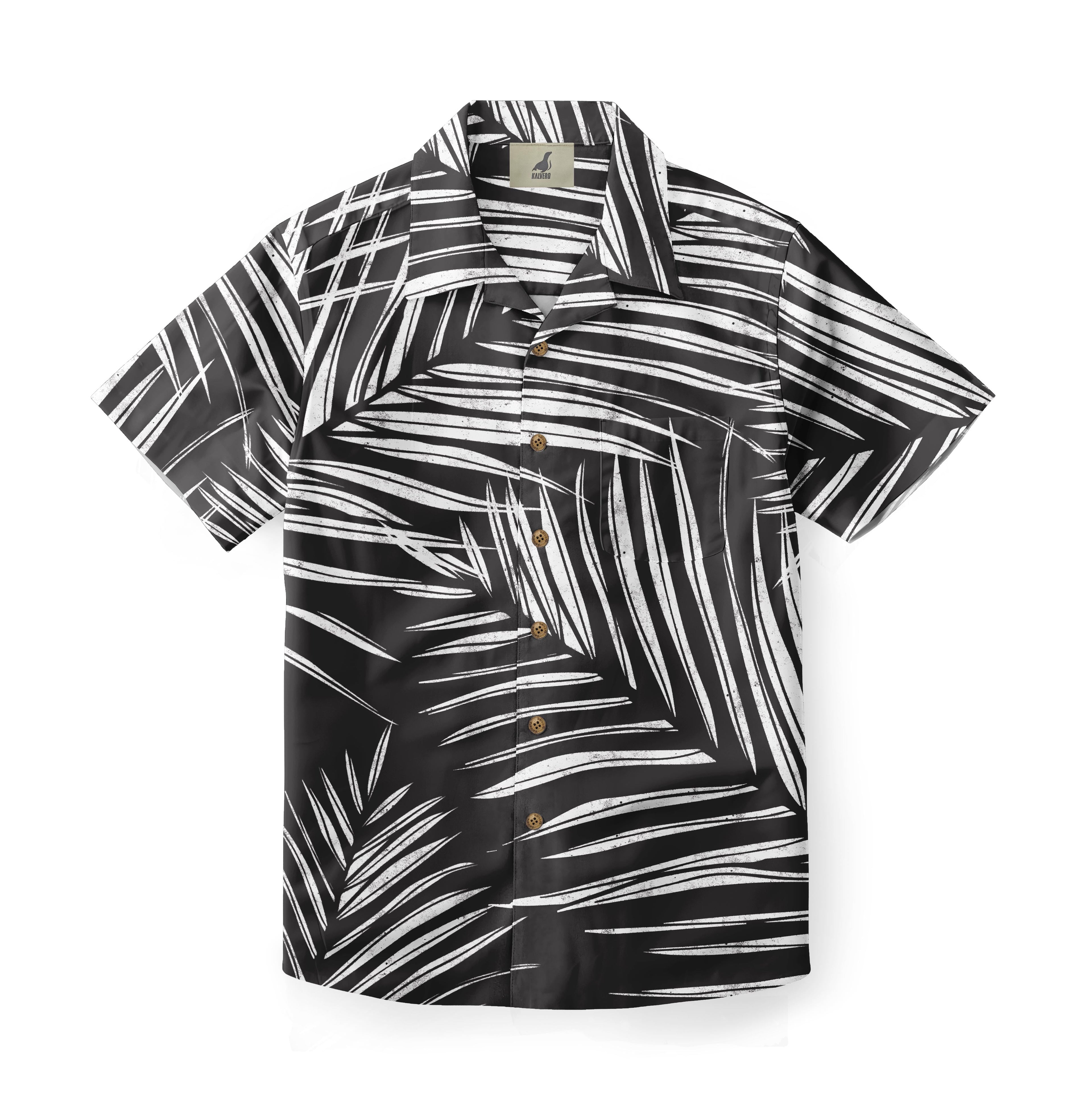 Black and white tropical leaf pattern short-sleeve shirt with button.