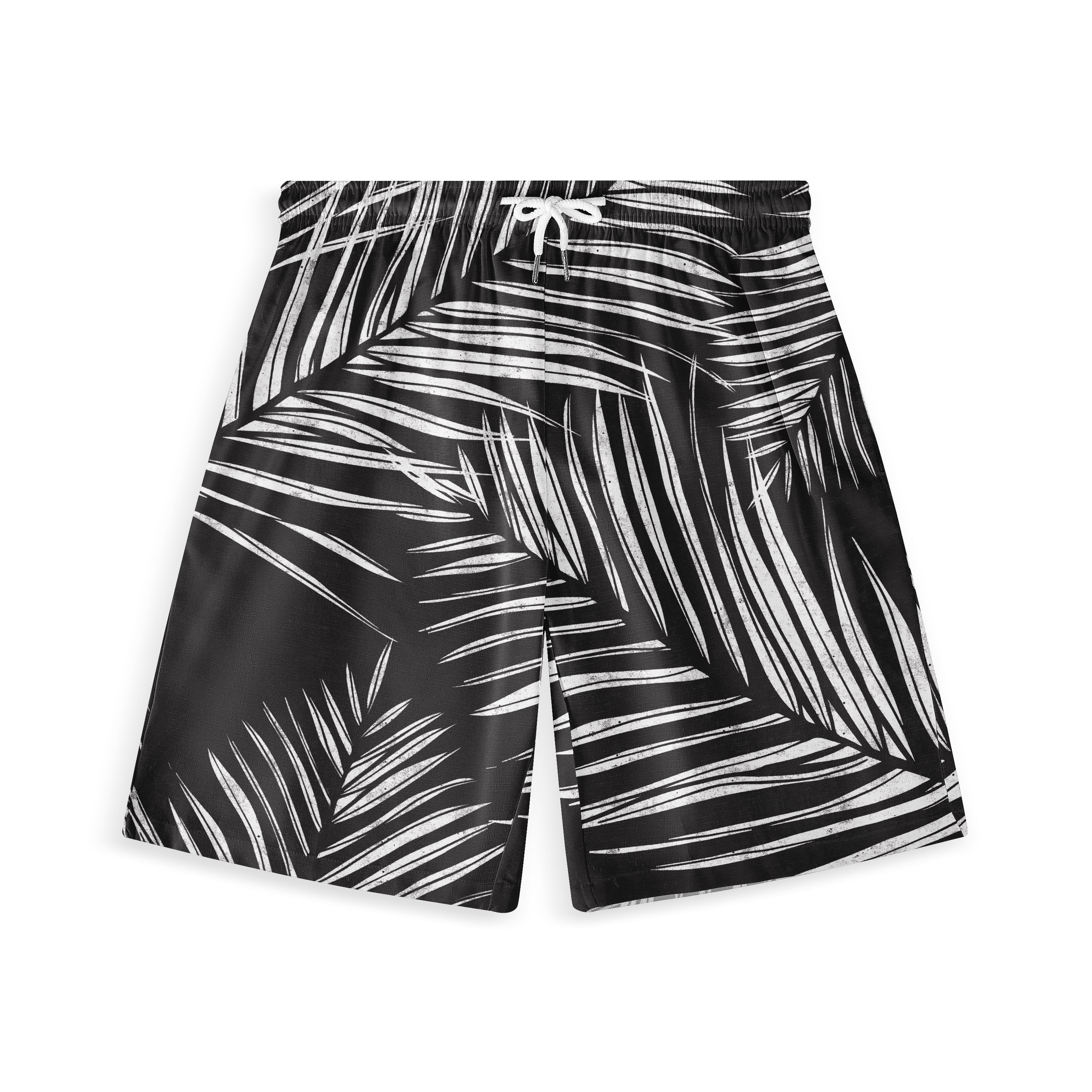 Black swim shorts with white palm leaf pattern and drawstring waist.