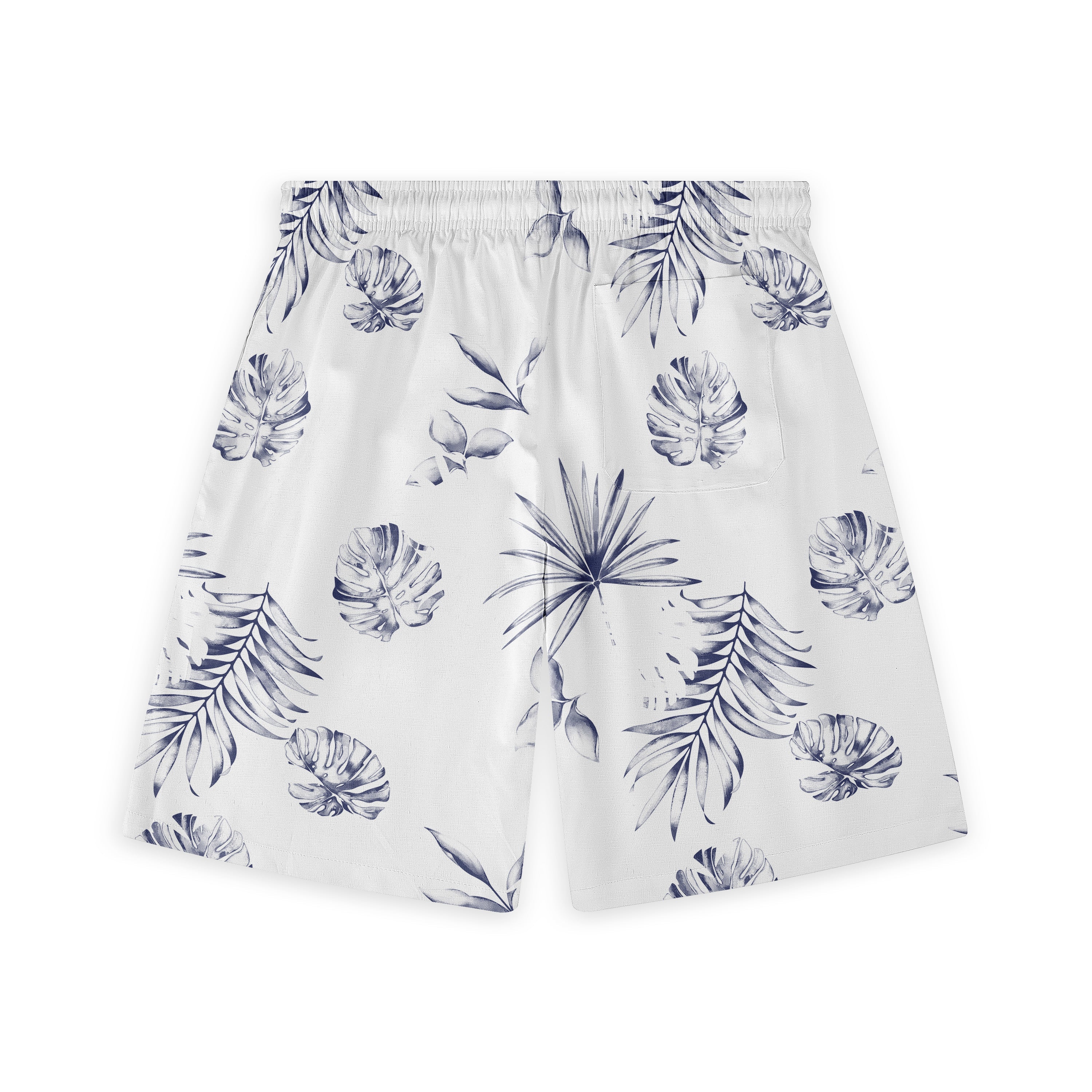 White shorts with blue tropical leaf print, elastic waistband.
