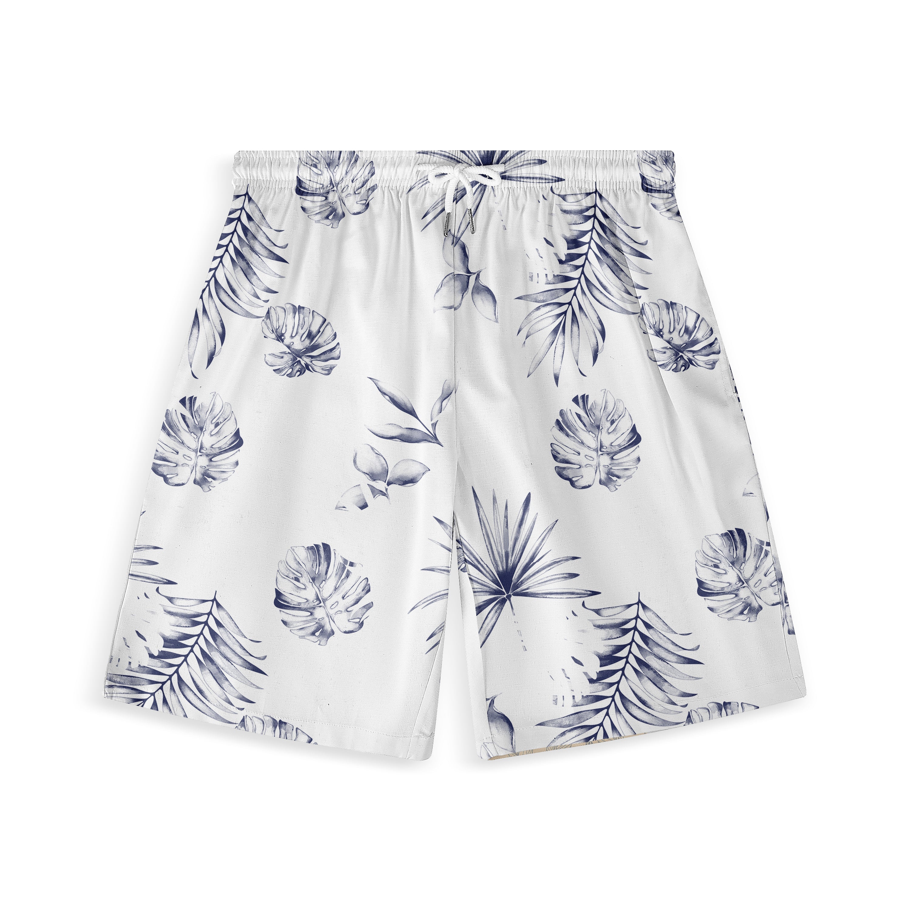 White shorts with blue tropical leaf print, elastic waistband.