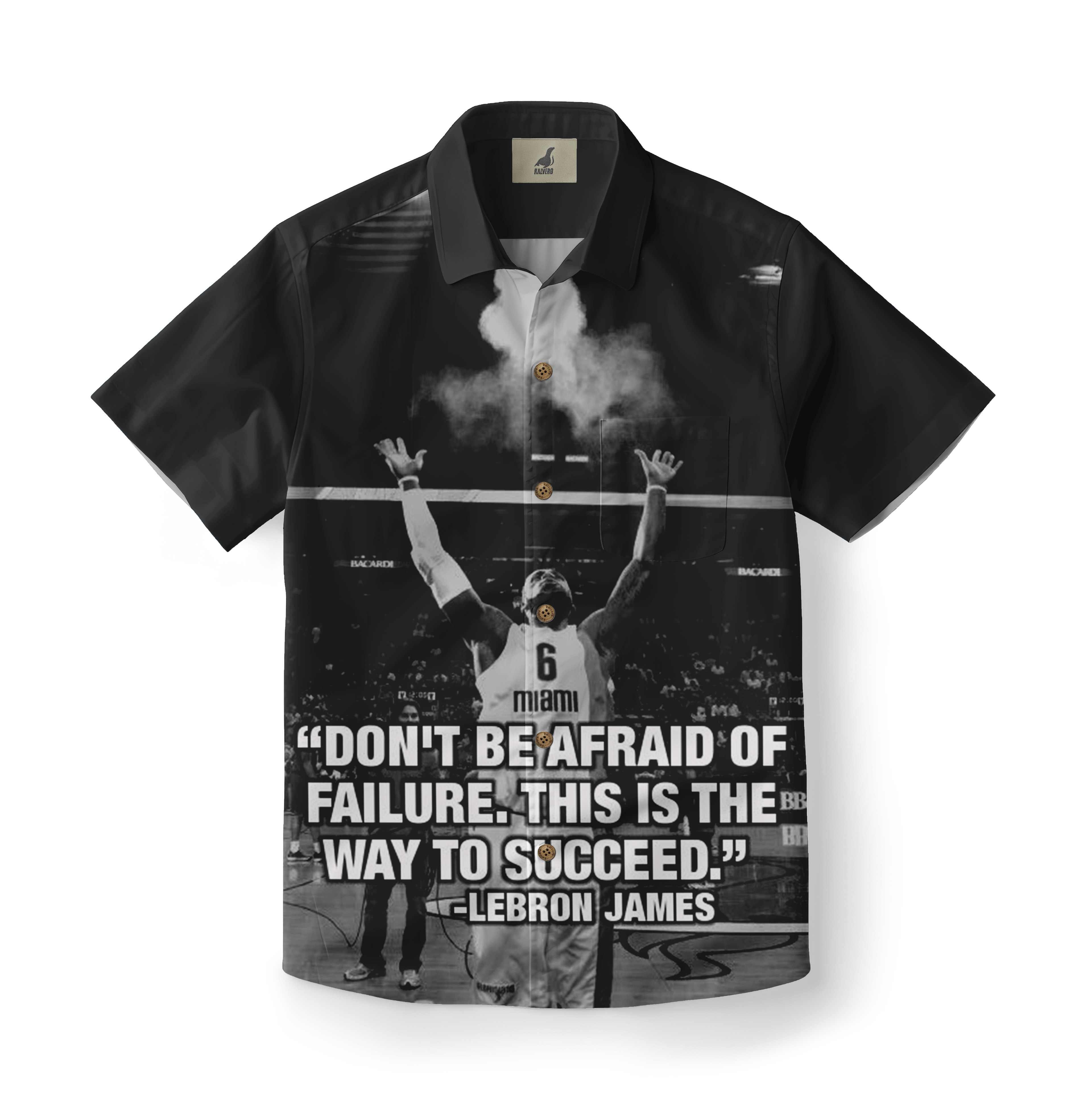 Black Hawaiian shirt featuring LeBron James quote and image, "Don&