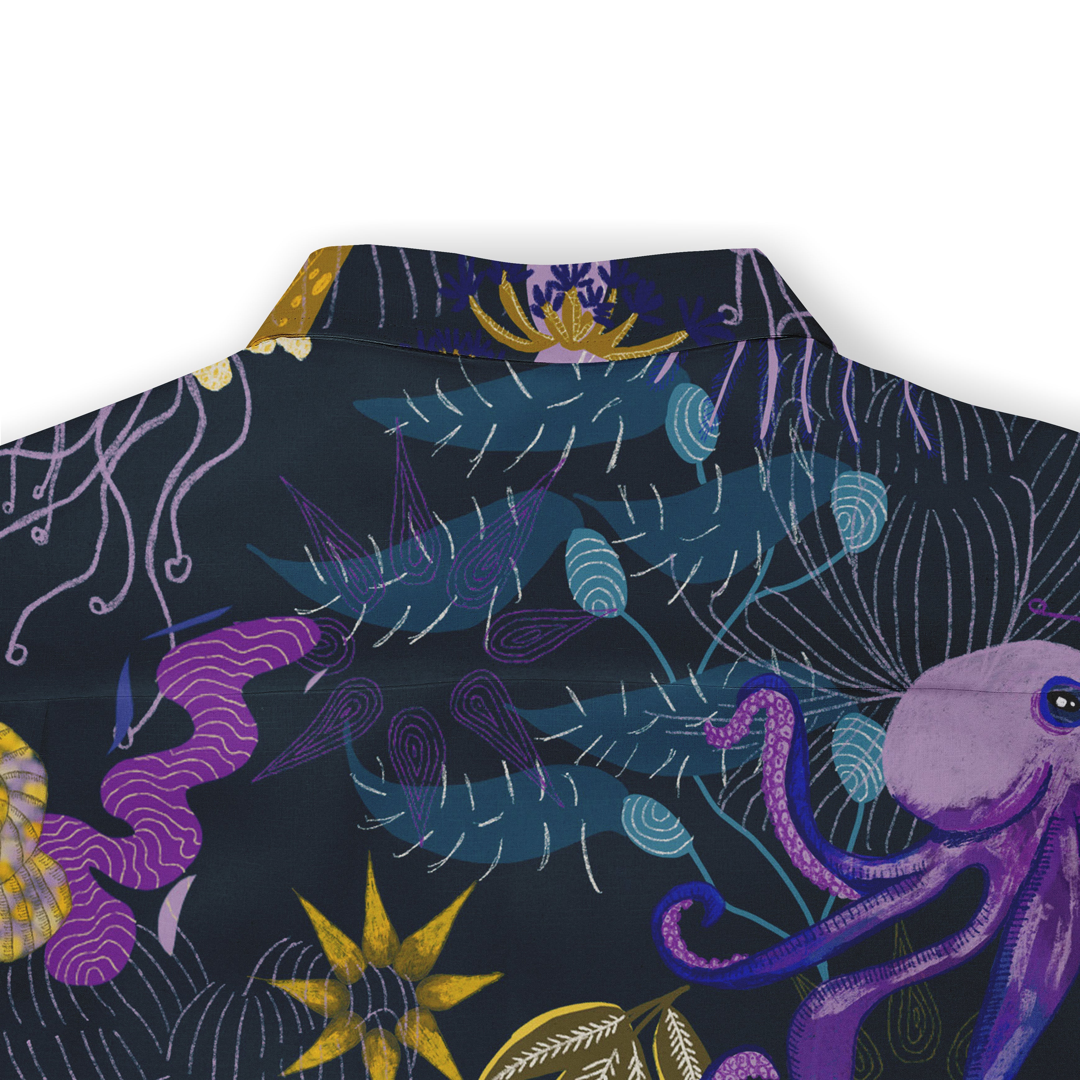 Dark blue shirt with vibrant purple octopus, yellow starfish.