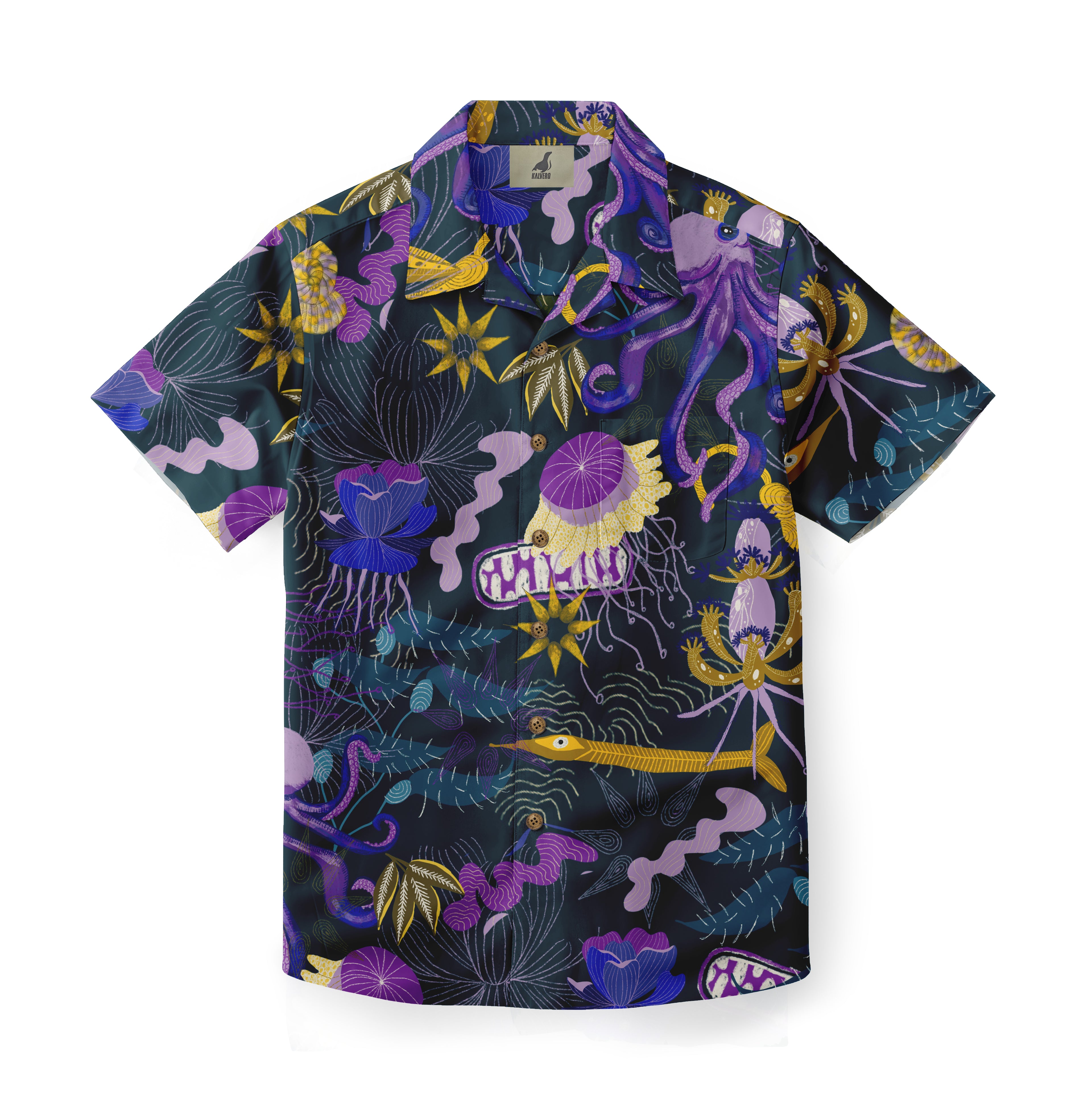 Dark blue shirt with vibrant purple, yellow sea creature patterns.