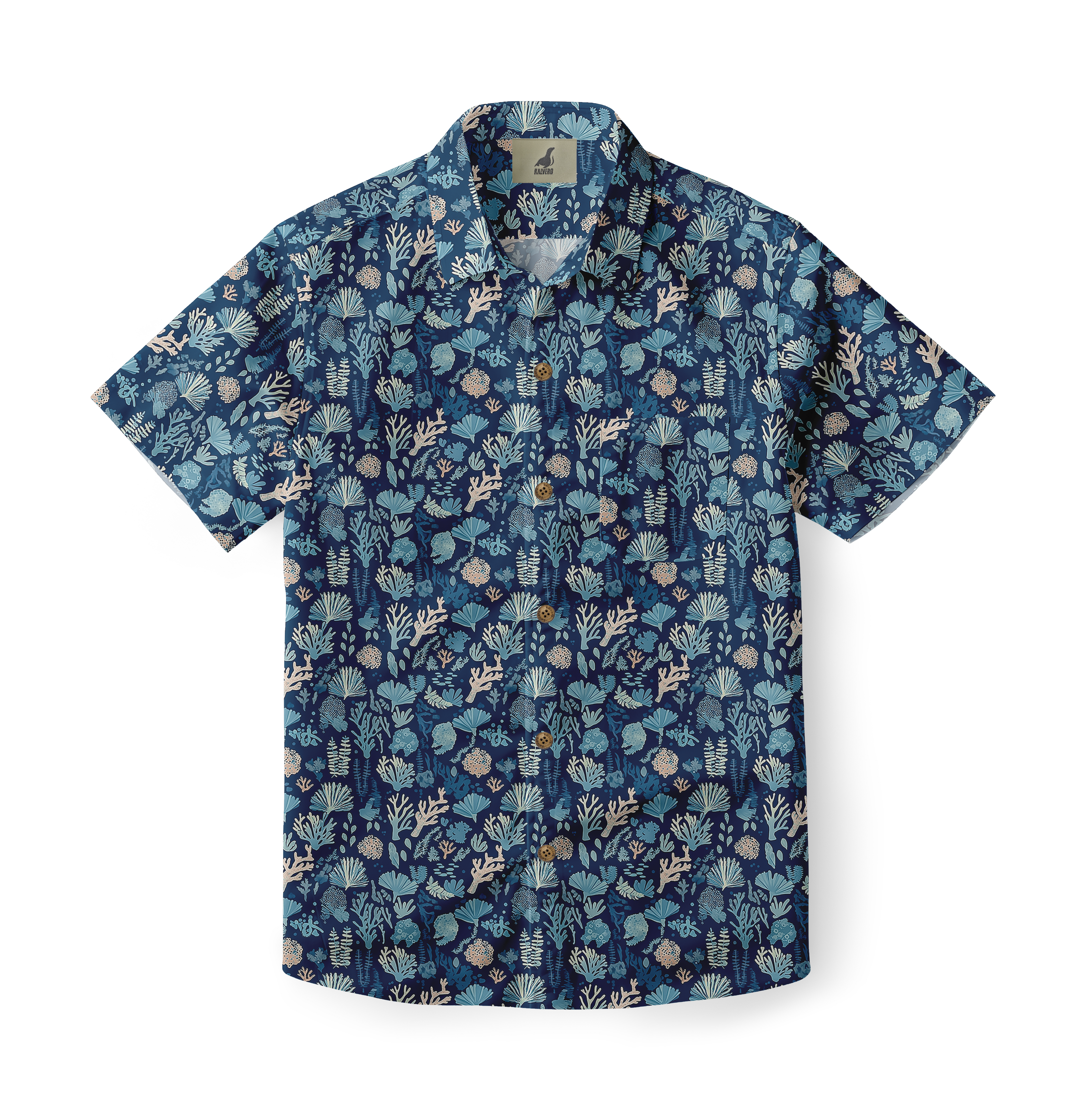 Blue short-sleeve shirt with coral and sea life print.