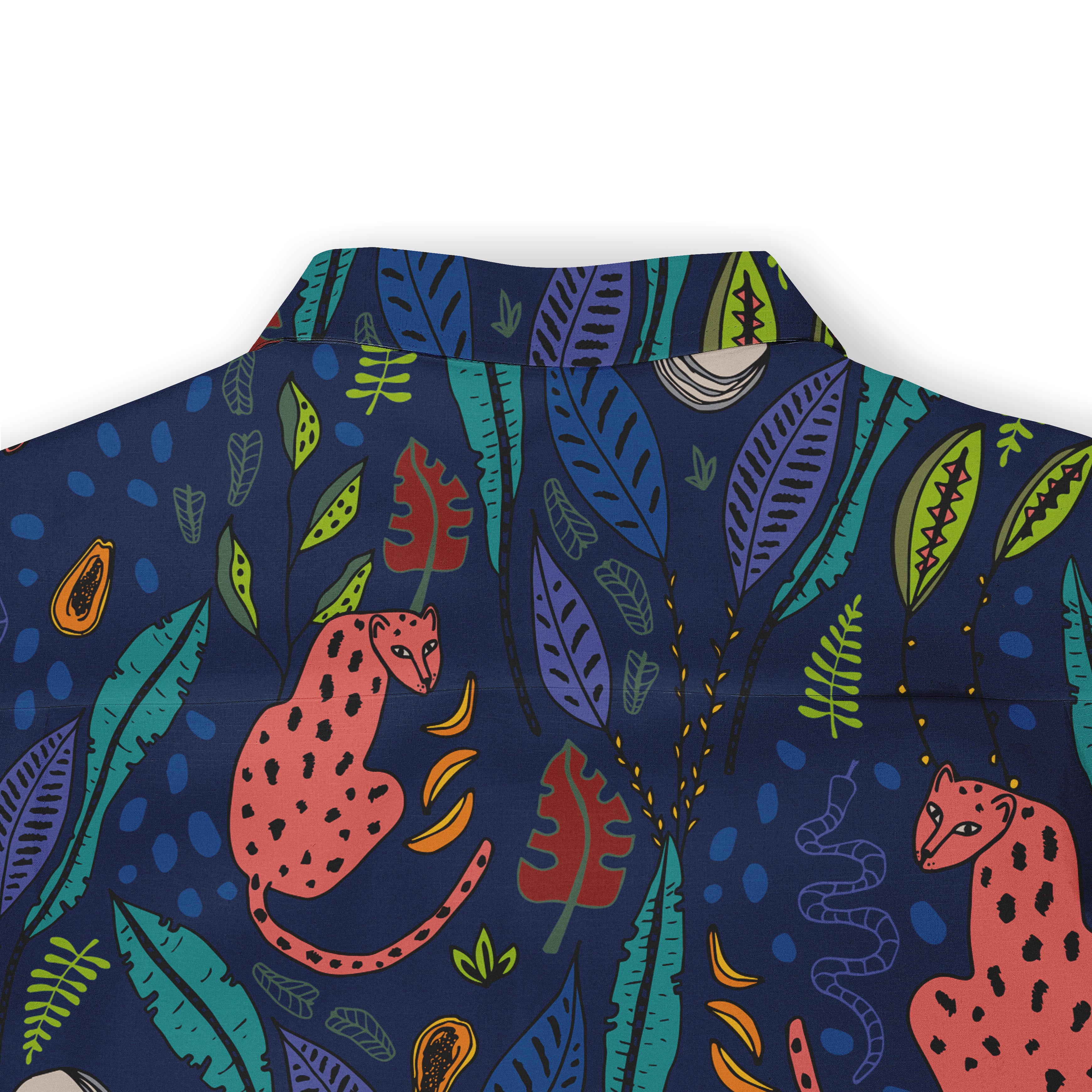 Vibrant navy shirt with colorful jungle print featuring pink.