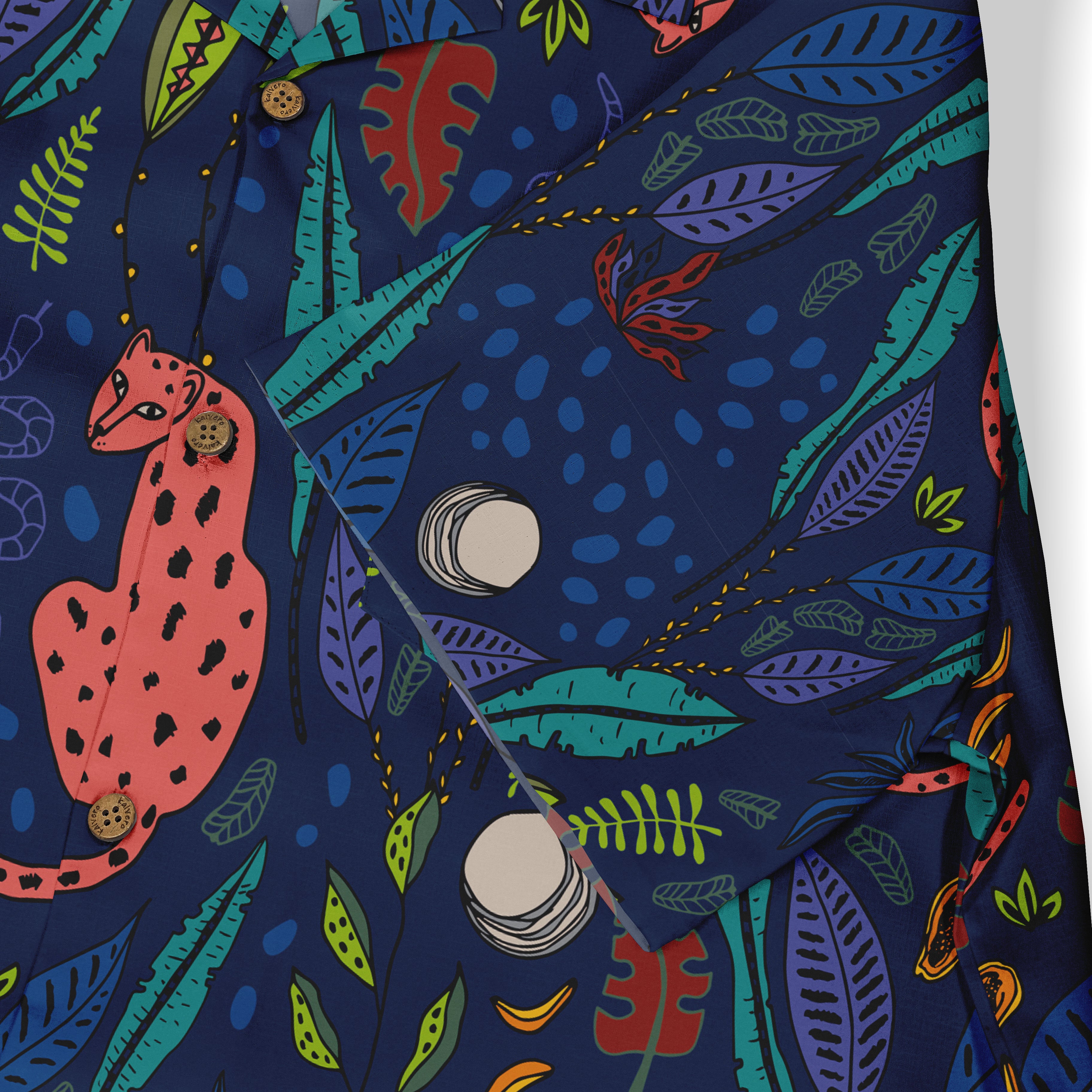 Vibrant navy shirt with colorful jungle print, featuring a red.