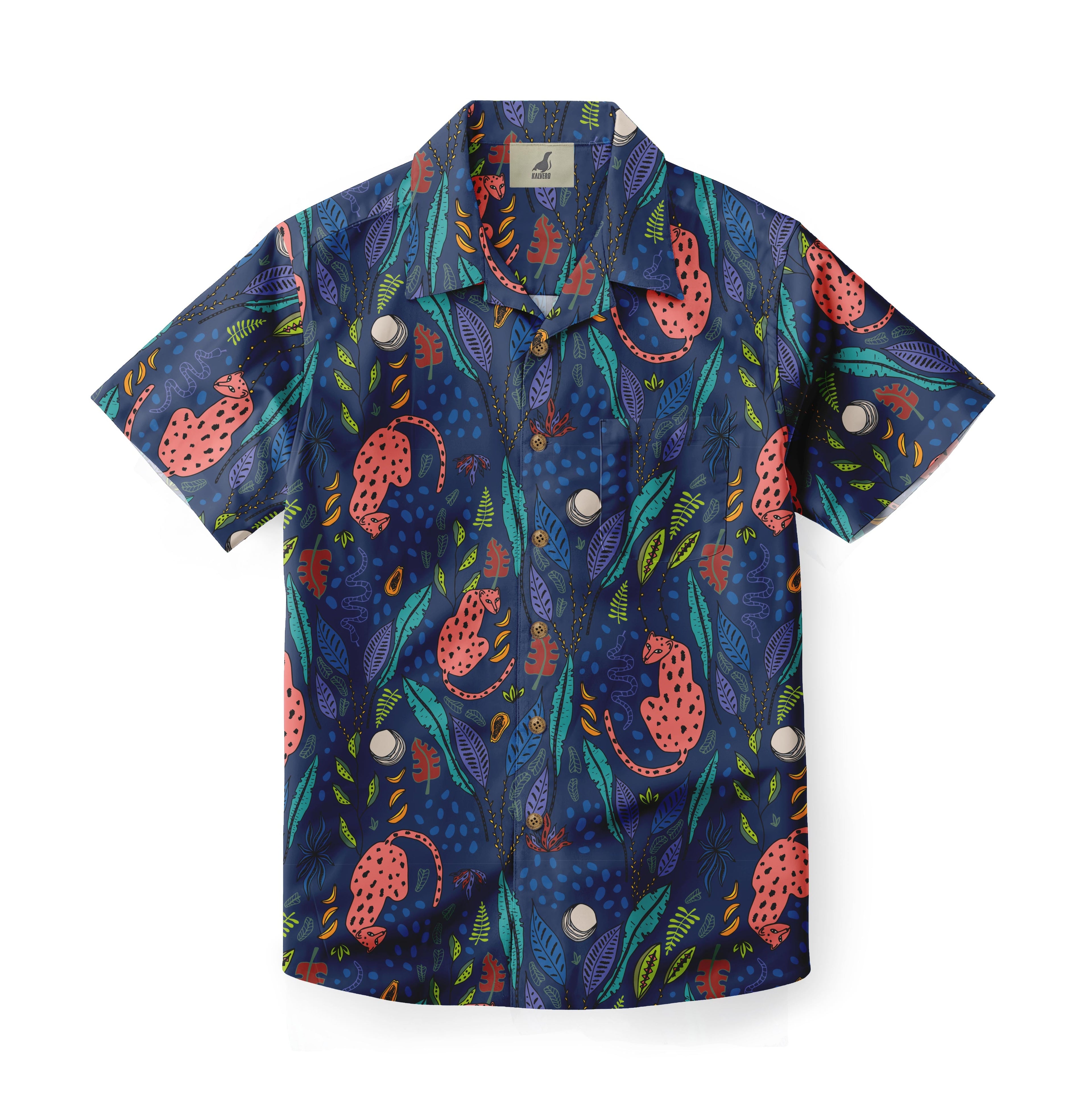 Vibrant navy blue short-sleeve shirt with colorful jungle pattern.