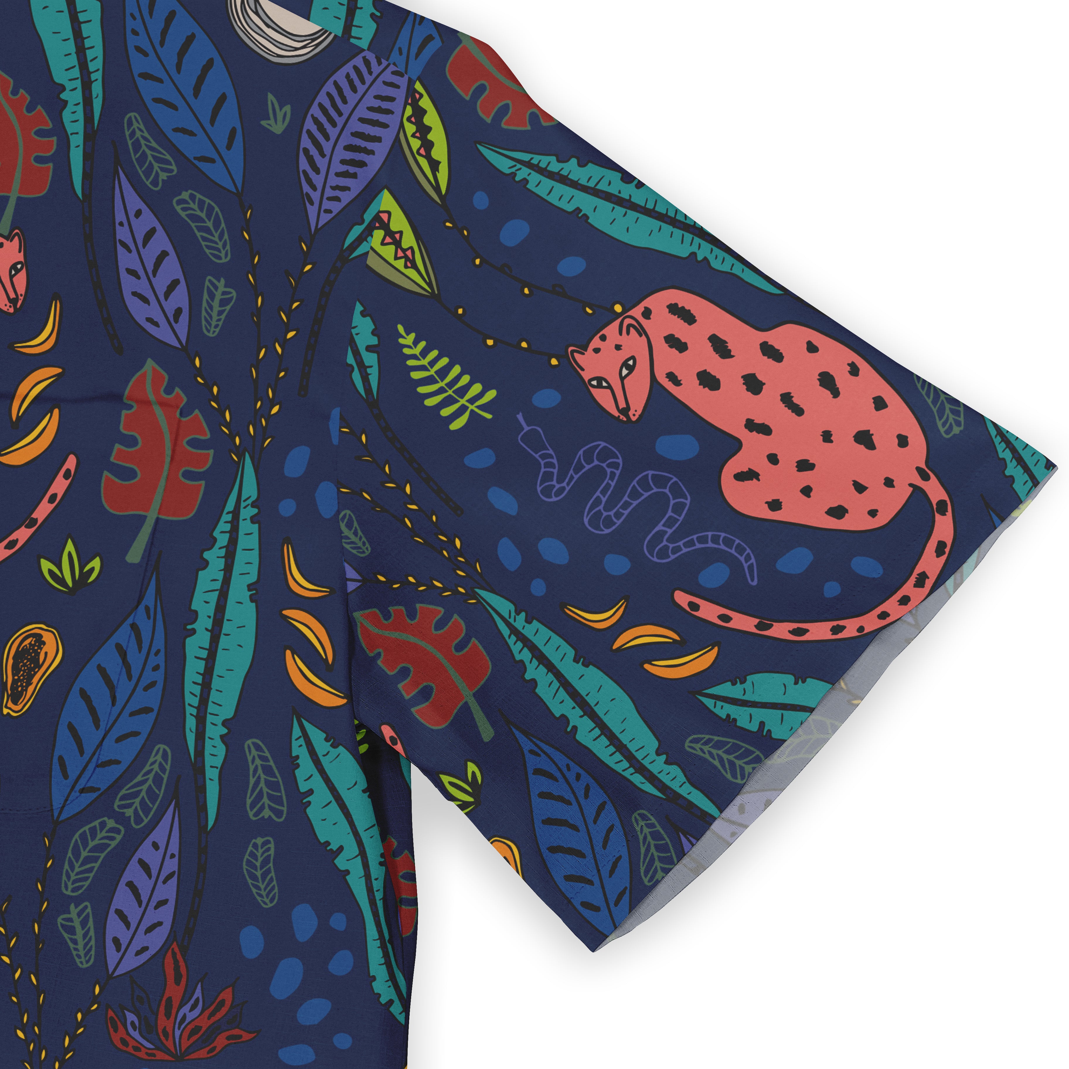 Vibrant navy blue fabric with colorful jungle pattern featuring pink.