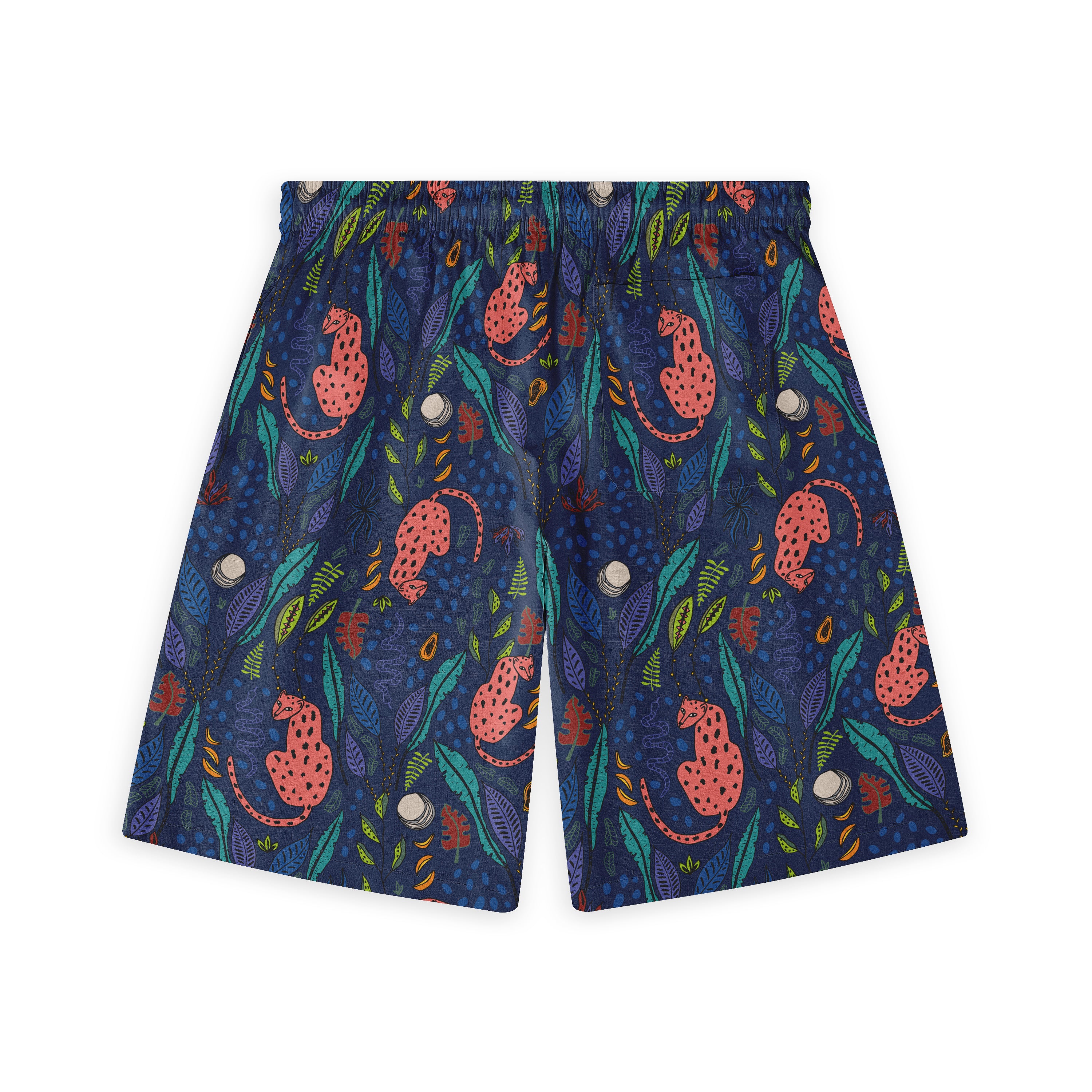 Vibrant navy shorts with a playful pattern of pink spotted cats.