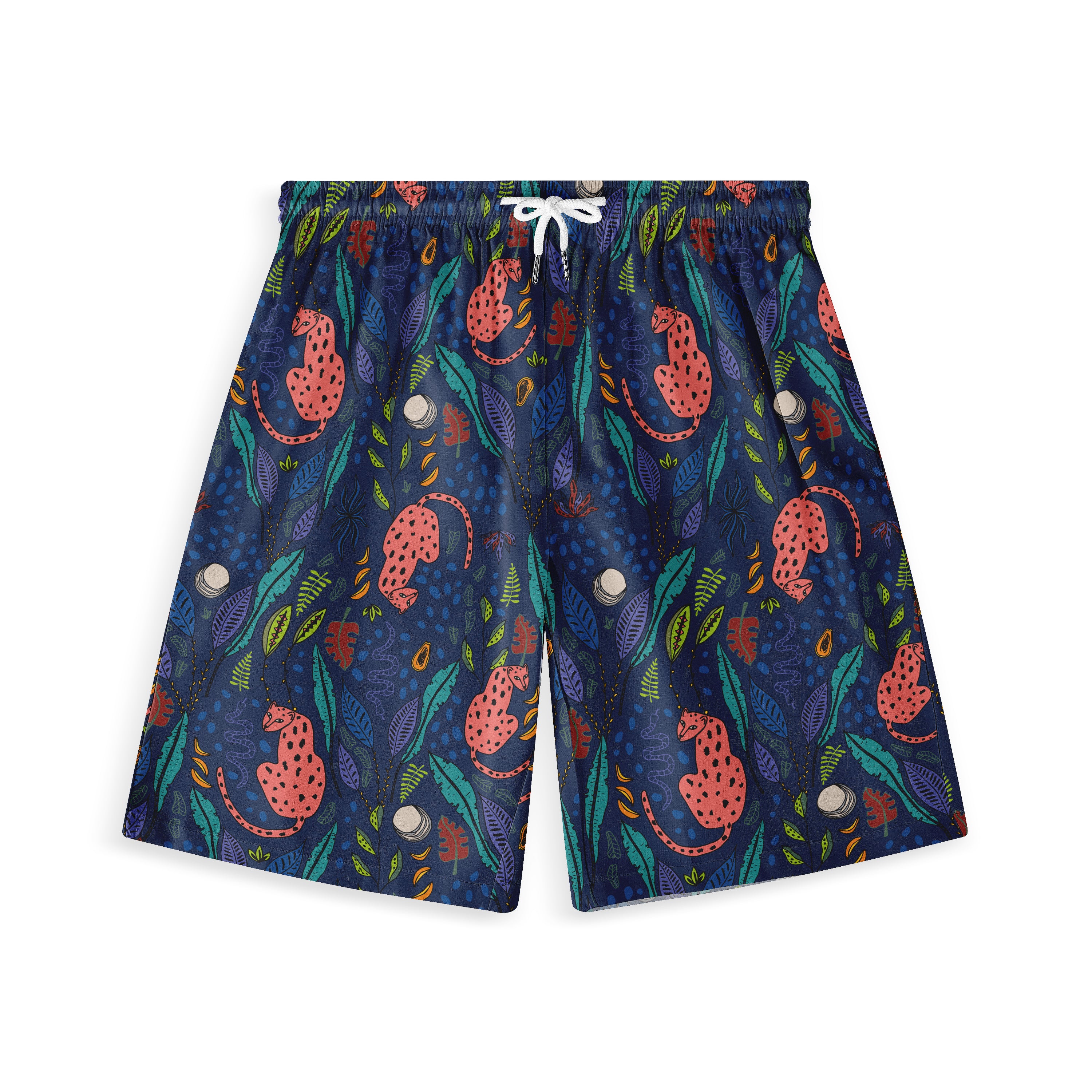 Colorful swim shorts with a vibrant jungle pattern featuring pink.