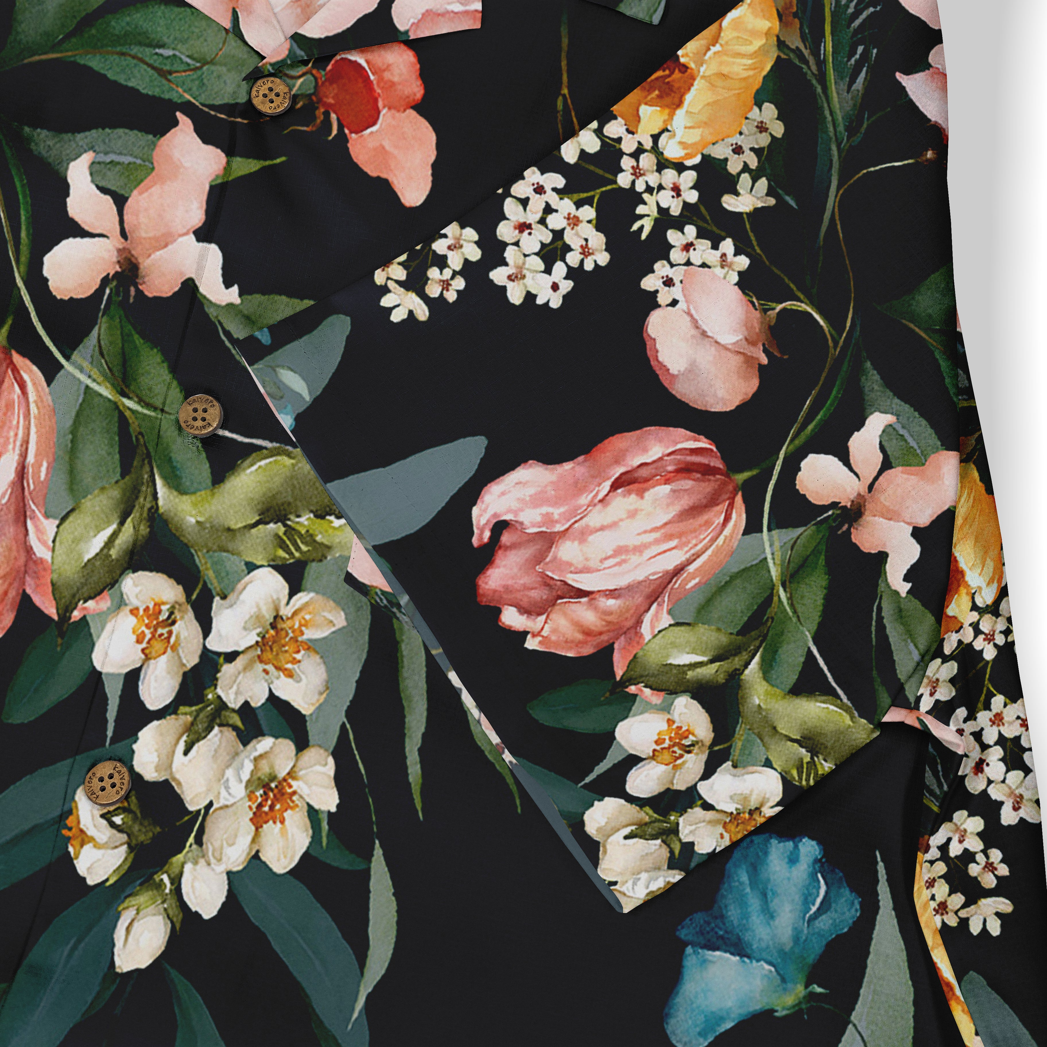 Black floral shirt with pink, white, and blue flowers.