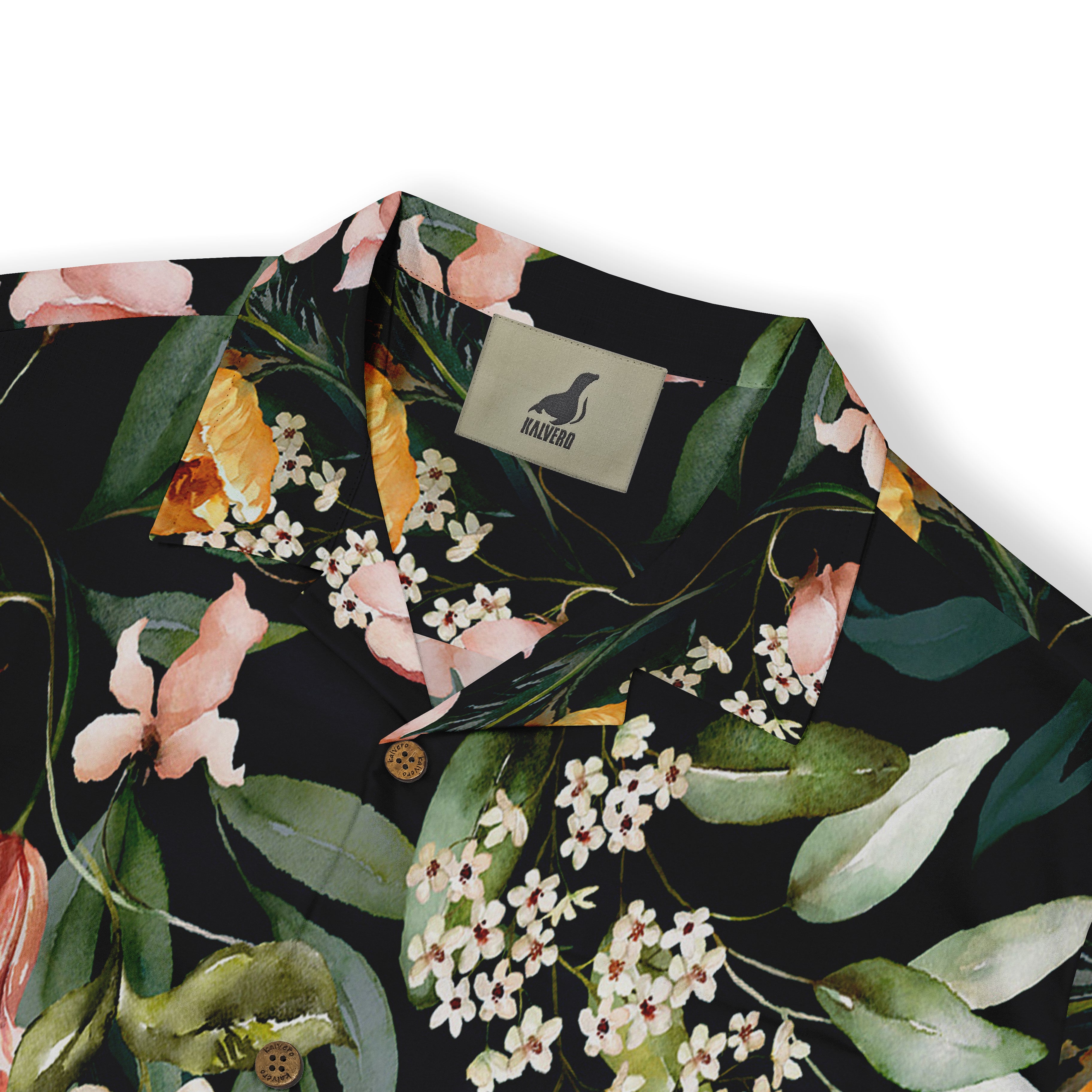 Black floral shirt with pink, white, and yellow flowers, green.