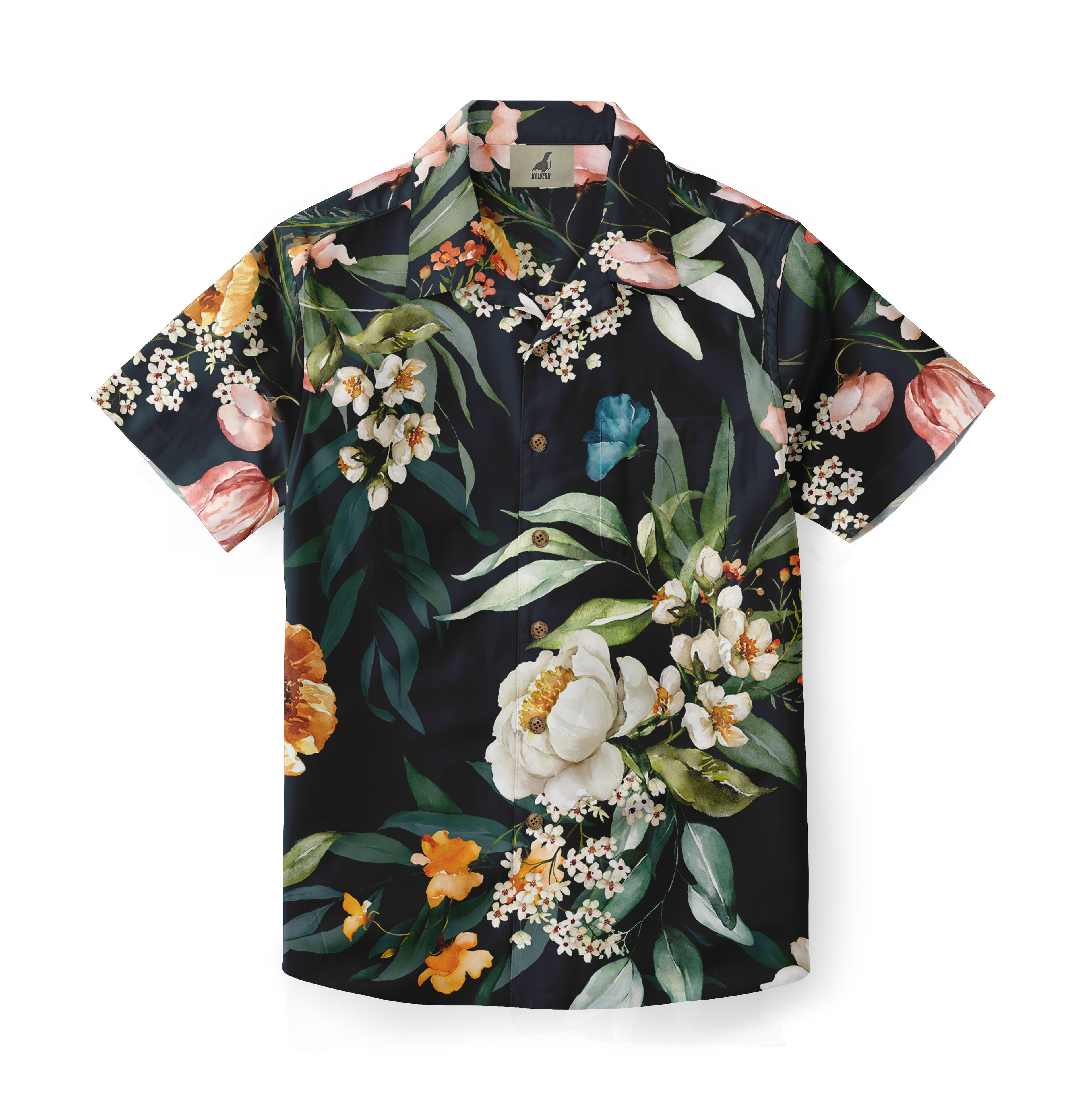 Black floral short-sleeve shirt with colorful flowers and leaves.