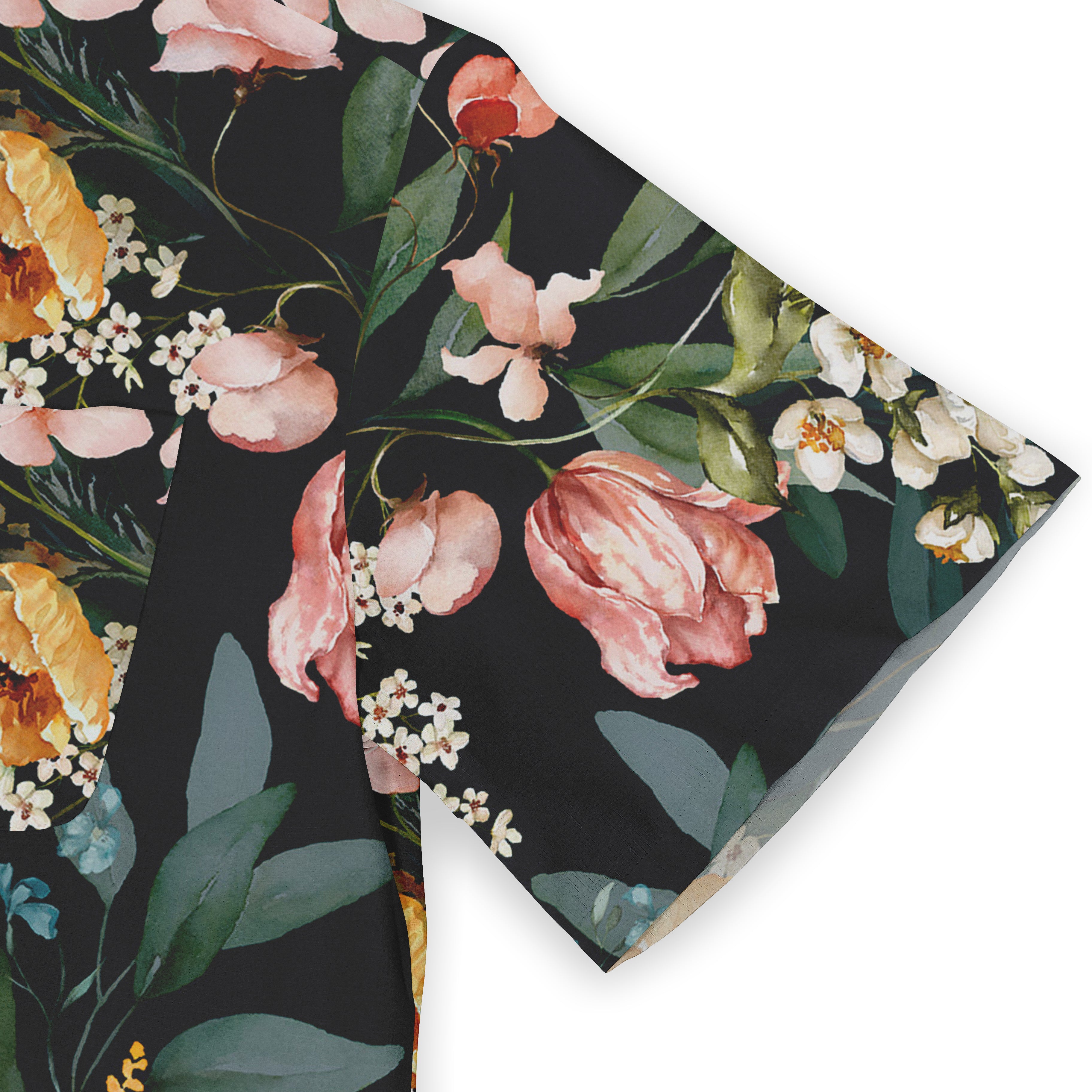 Black fabric with pink, orange flowers and green leaves.