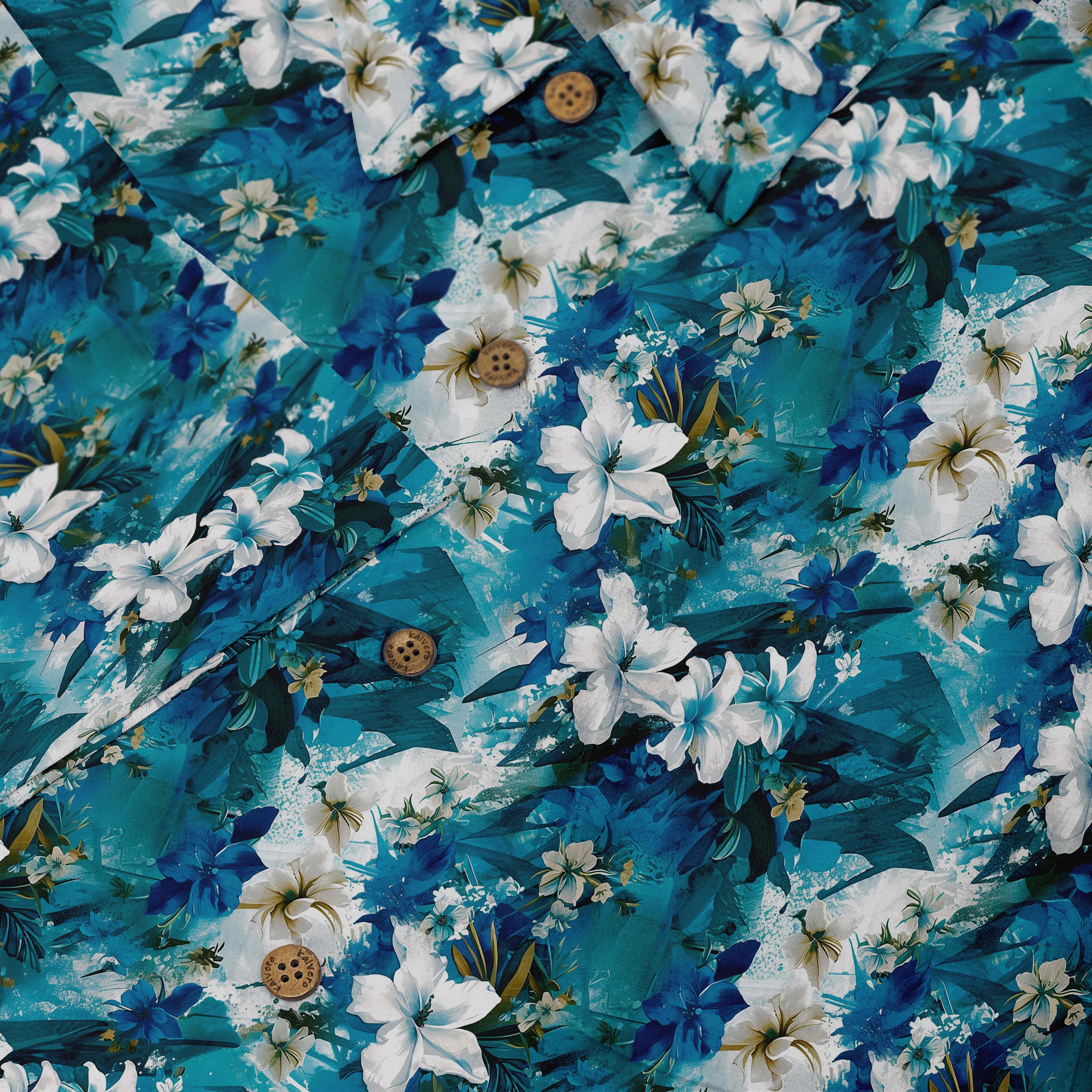 Blue floral fabric with white flowers and brown buttons.