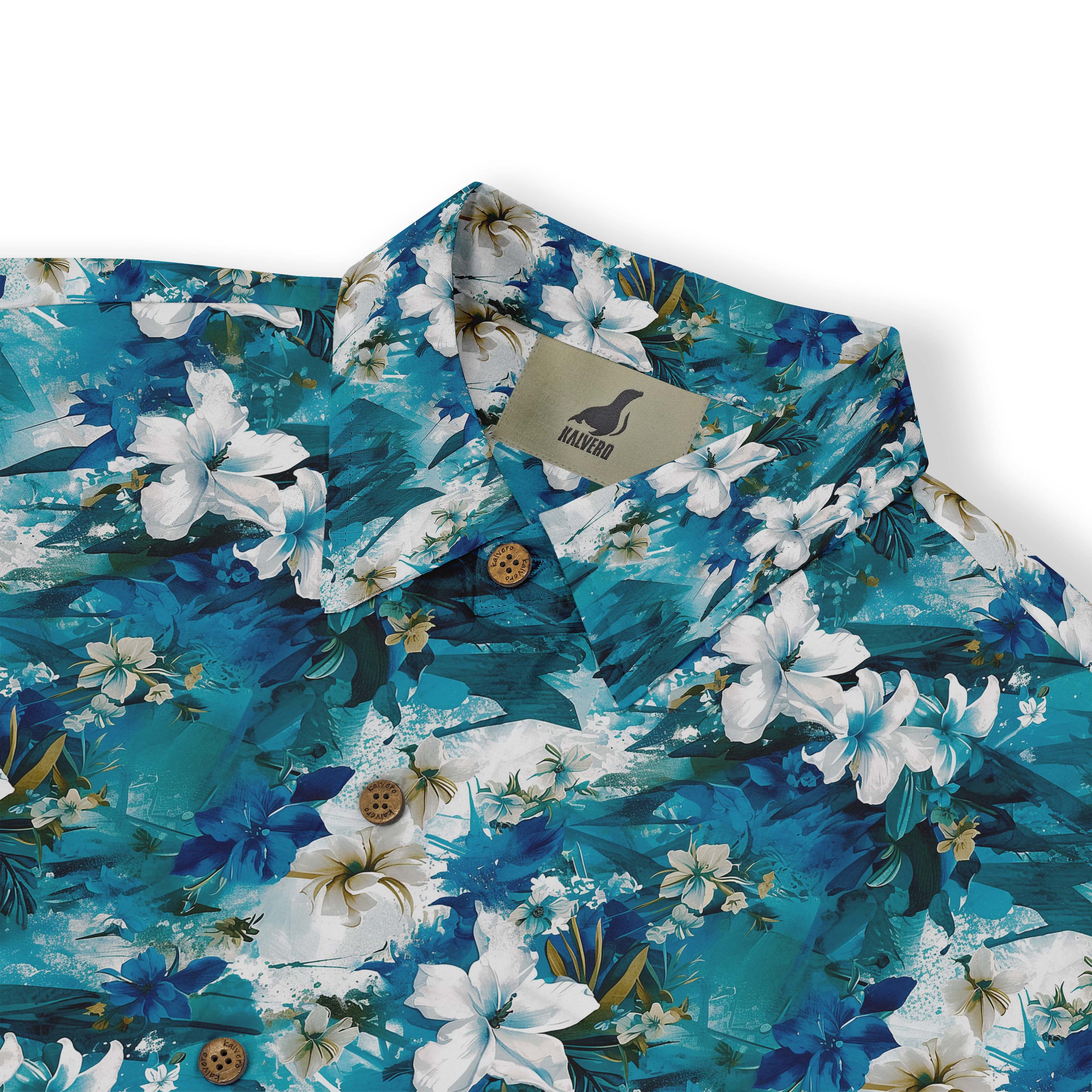 Blue floral shirt with white flowers and brand tag.