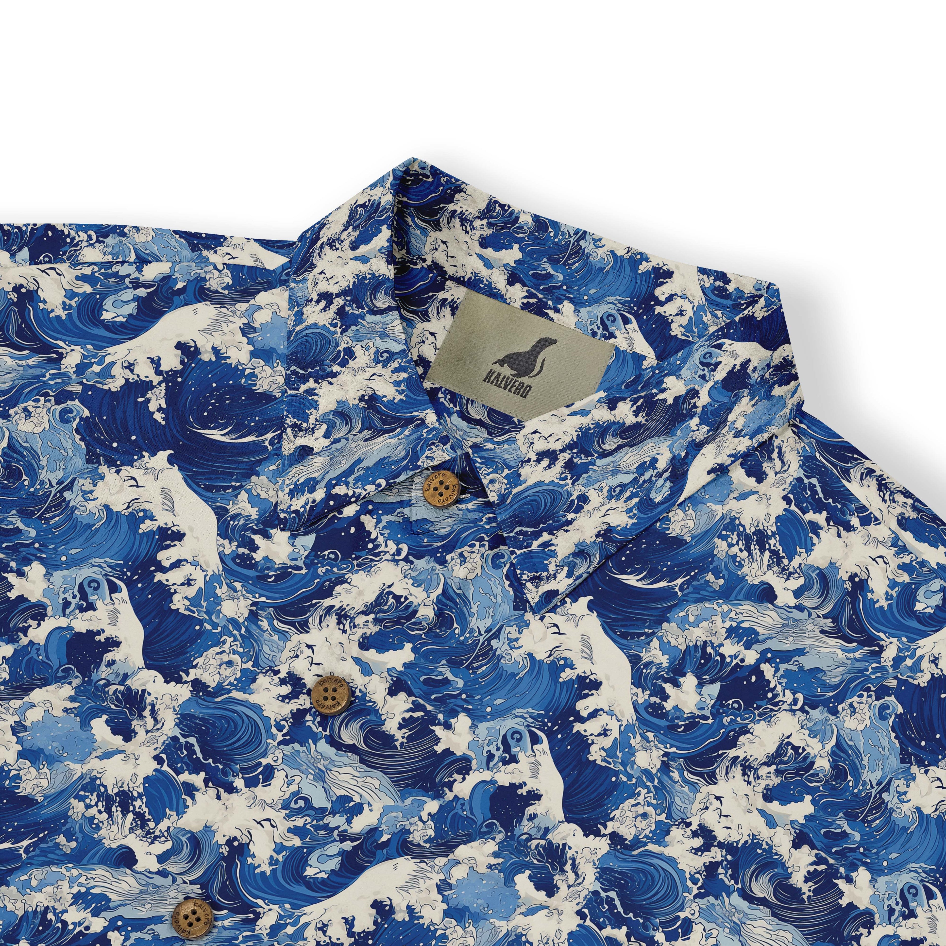 Blue wave pattern shirt with wooden buttons and logo tag.