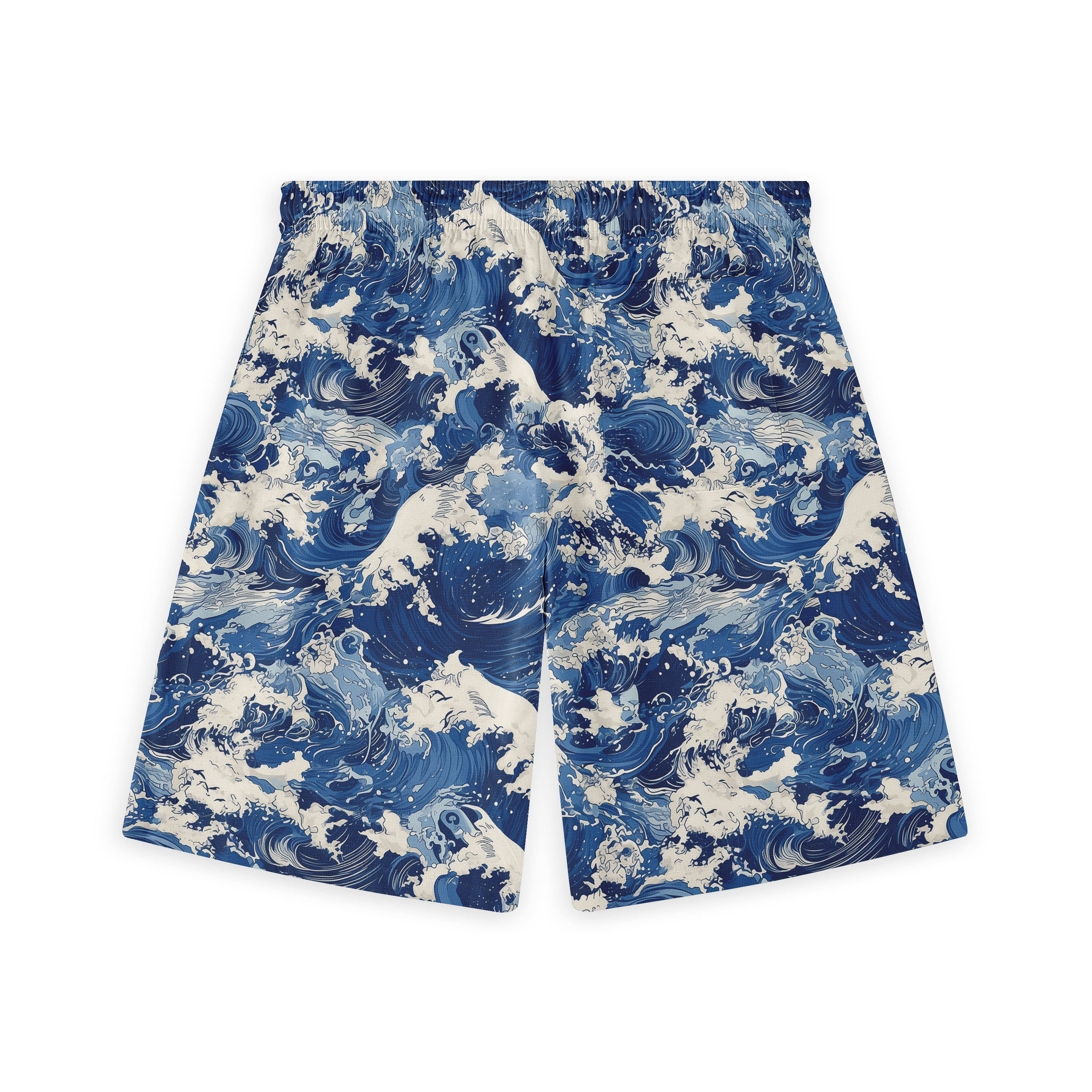 Blue shorts with ocean wave pattern.