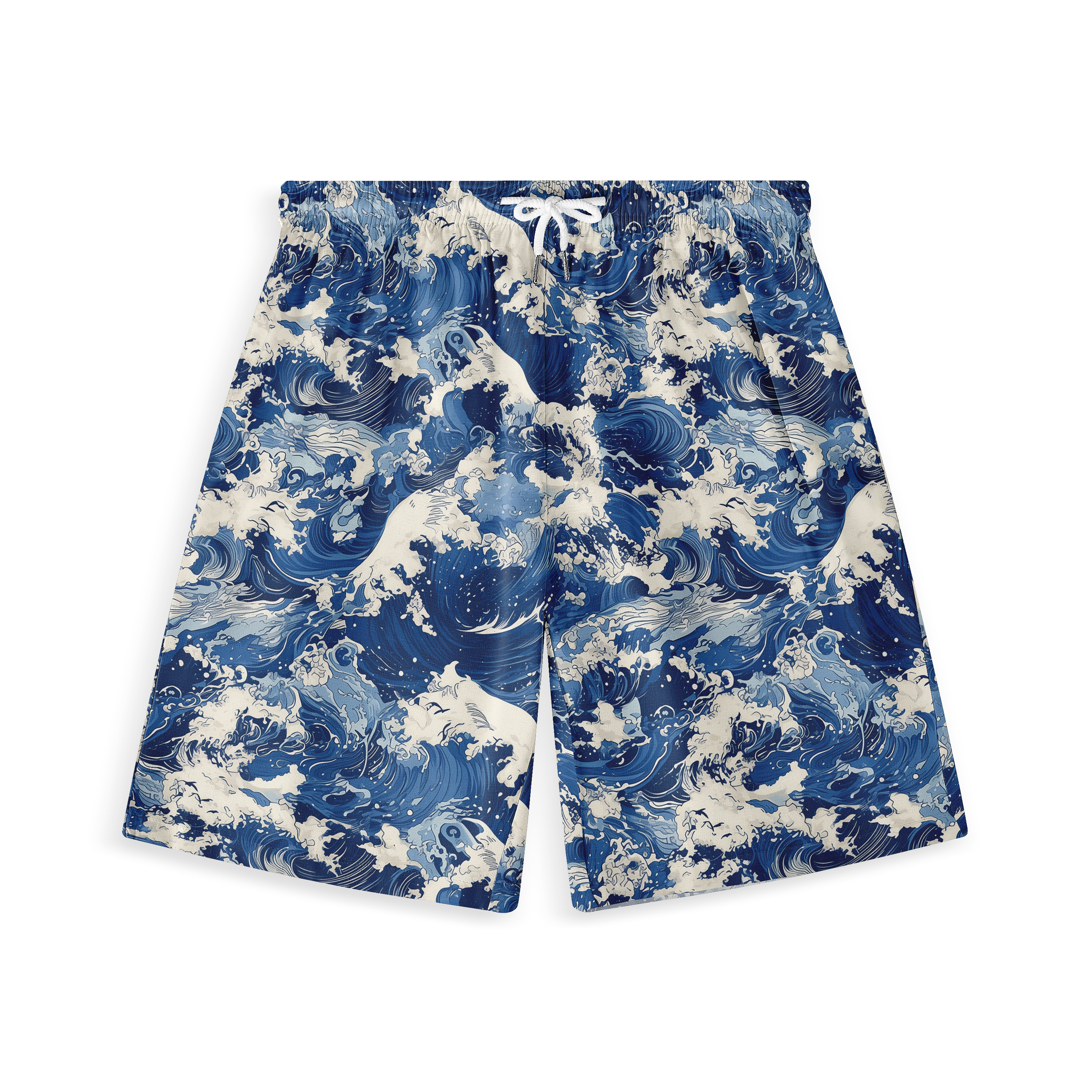 Blue wave print shorts with white drawstring.