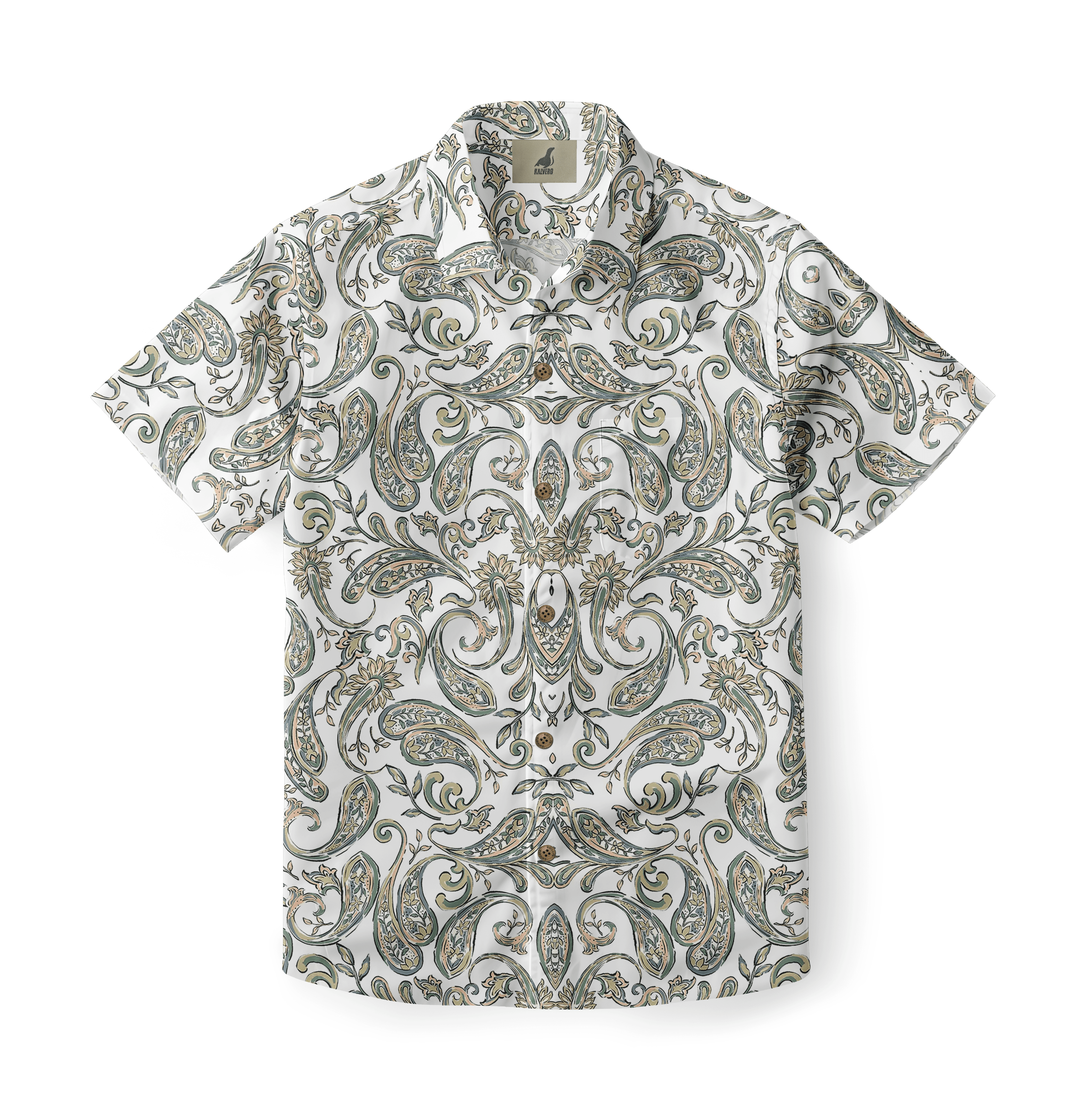 White shirt with green paisley pattern, short sleeves.