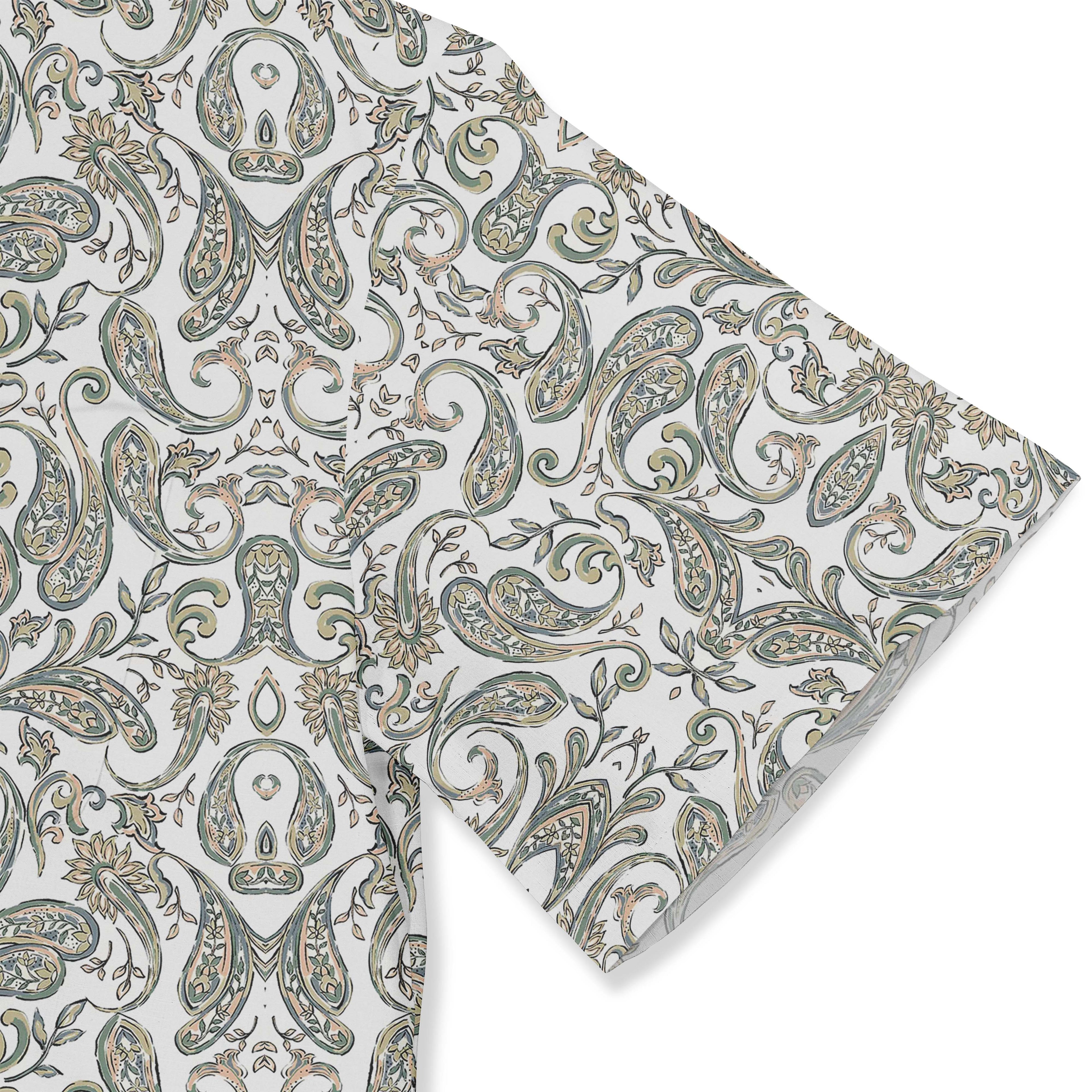 Elegant paisley pattern fabric in green and beige tones.