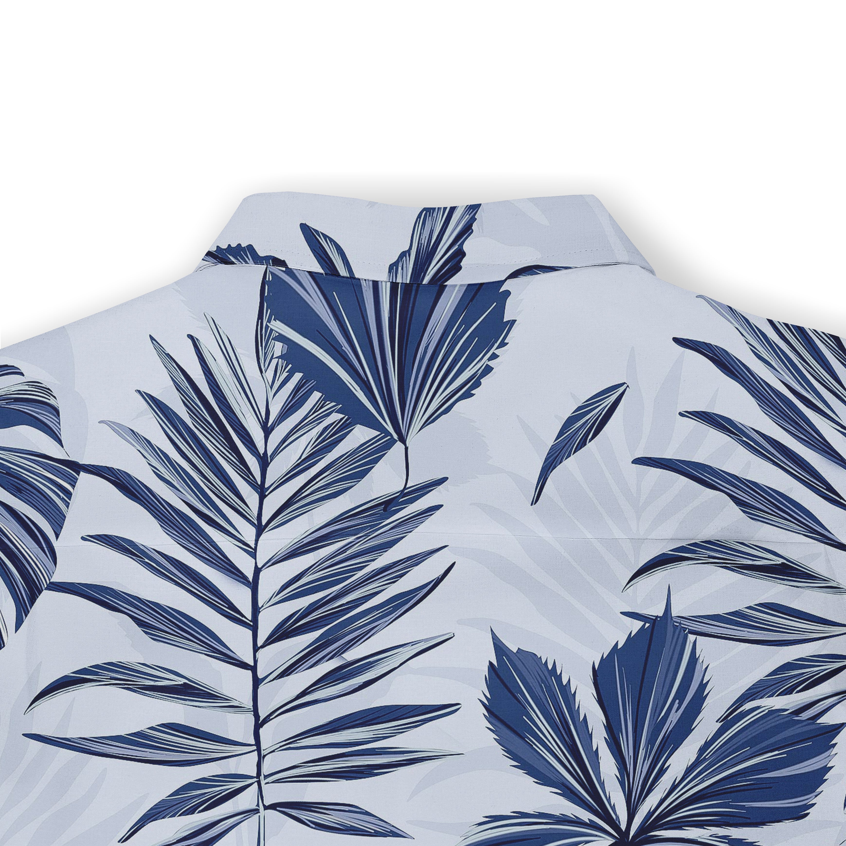Blue and white tropical leaf pattern on a shirt collar.