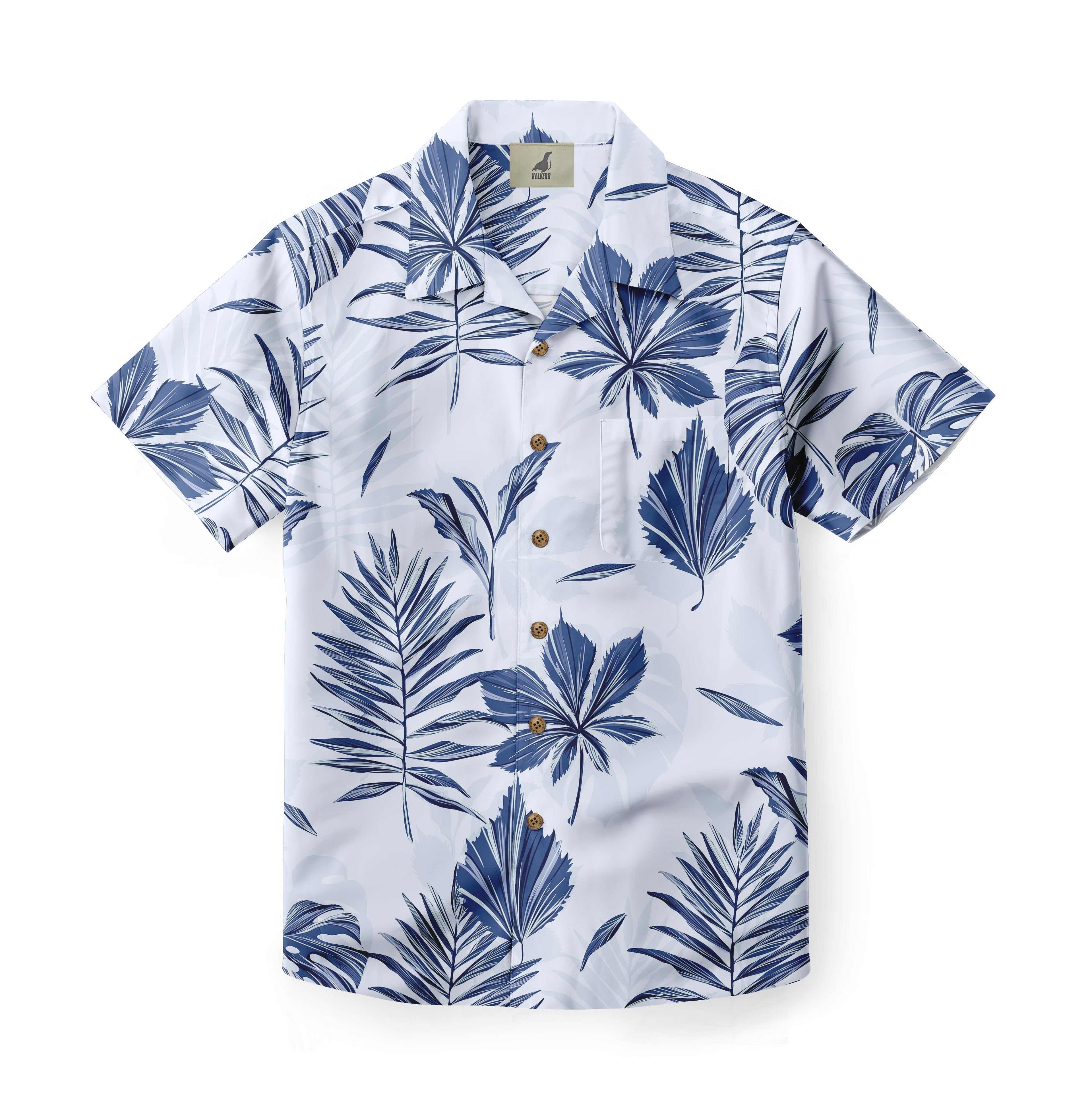 White short-sleeve shirt with blue tropical leaf print and wooden.
