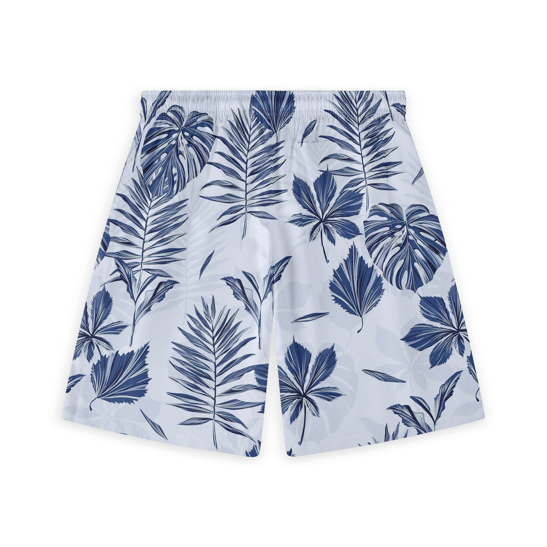 Light blue shorts with a navy tropical leaf pattern, featuring an.