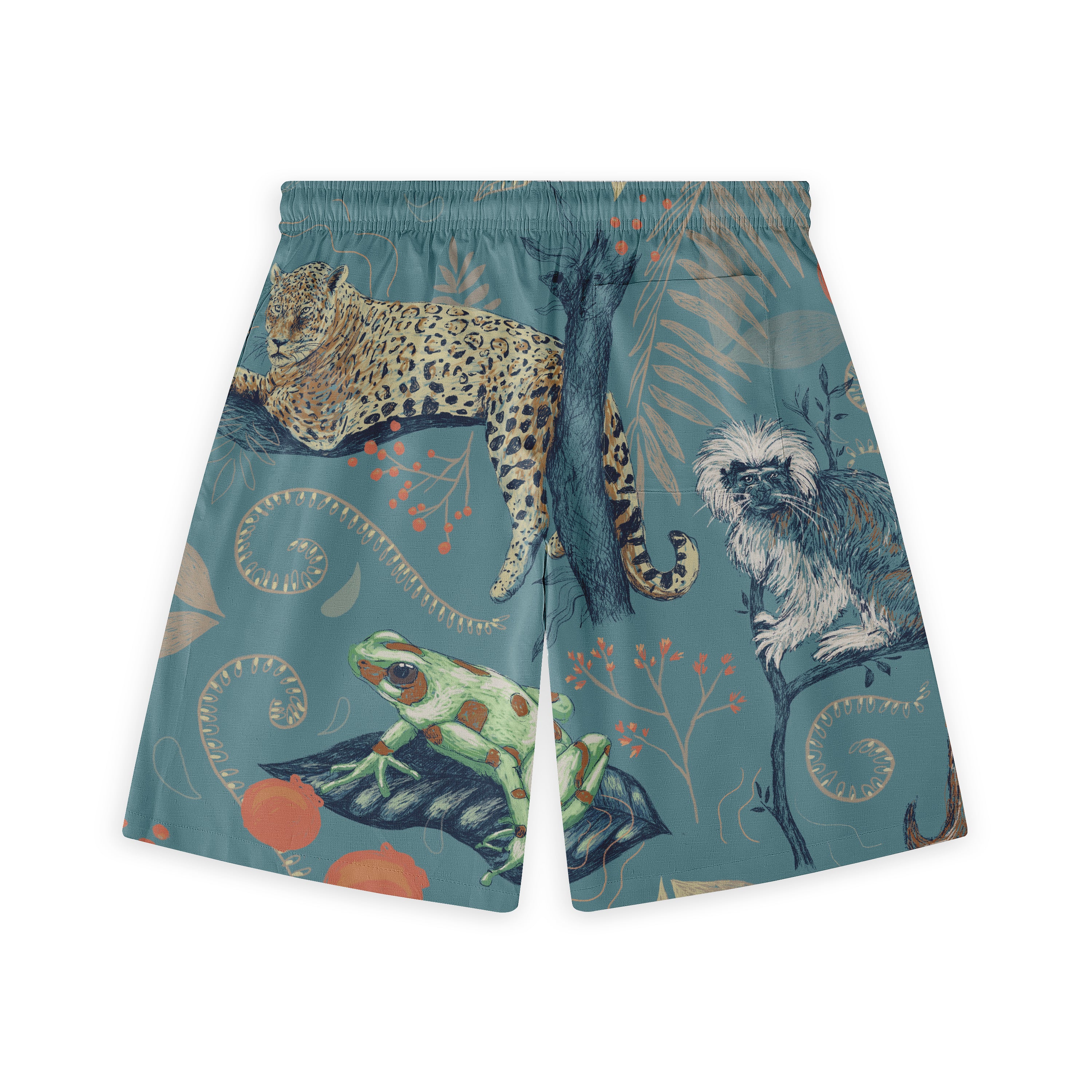 Teal shorts with jungle animals: leopard, monkey, frog, and foliage.