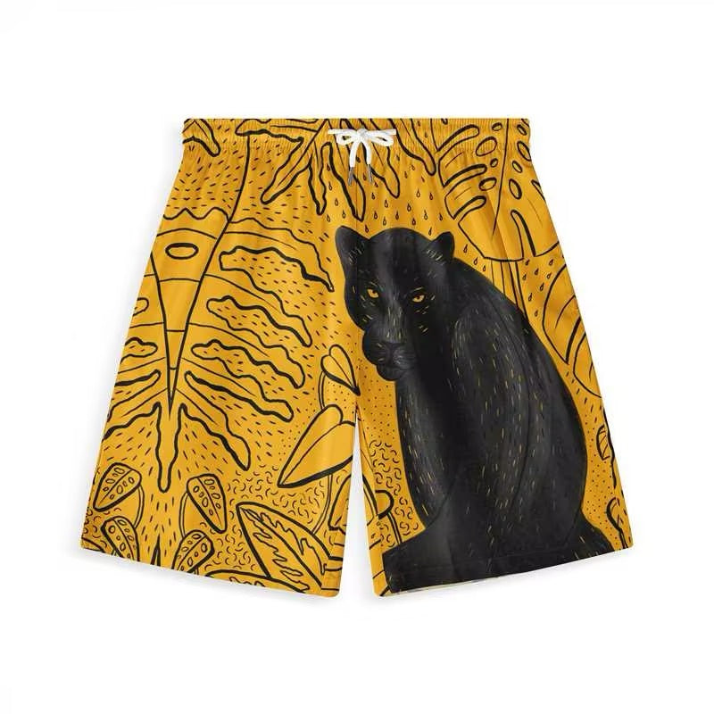 Yellow shorts with black panther and leaf pattern, white drawstring.