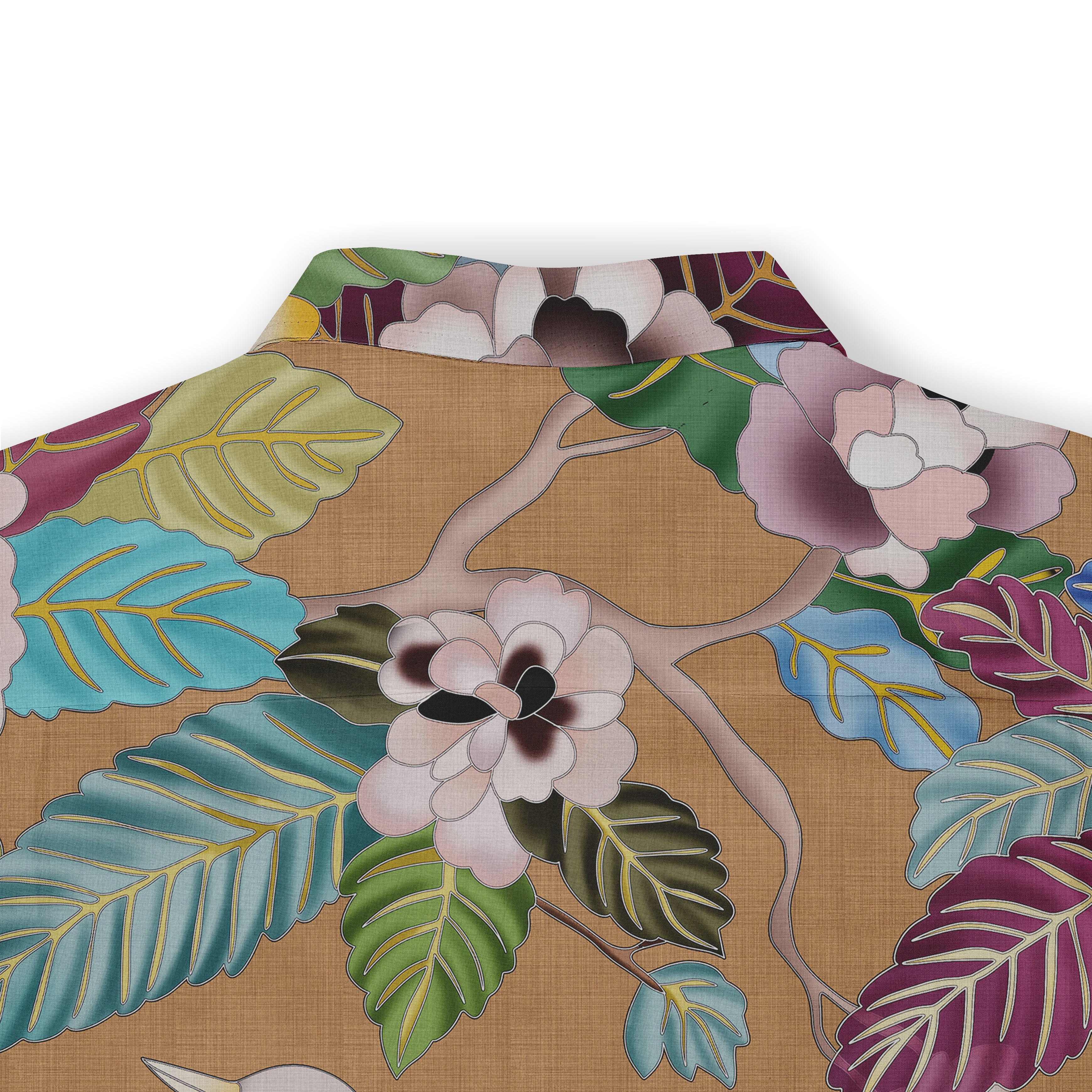 Floral fabric with pink flowers and green leaves on brown background.