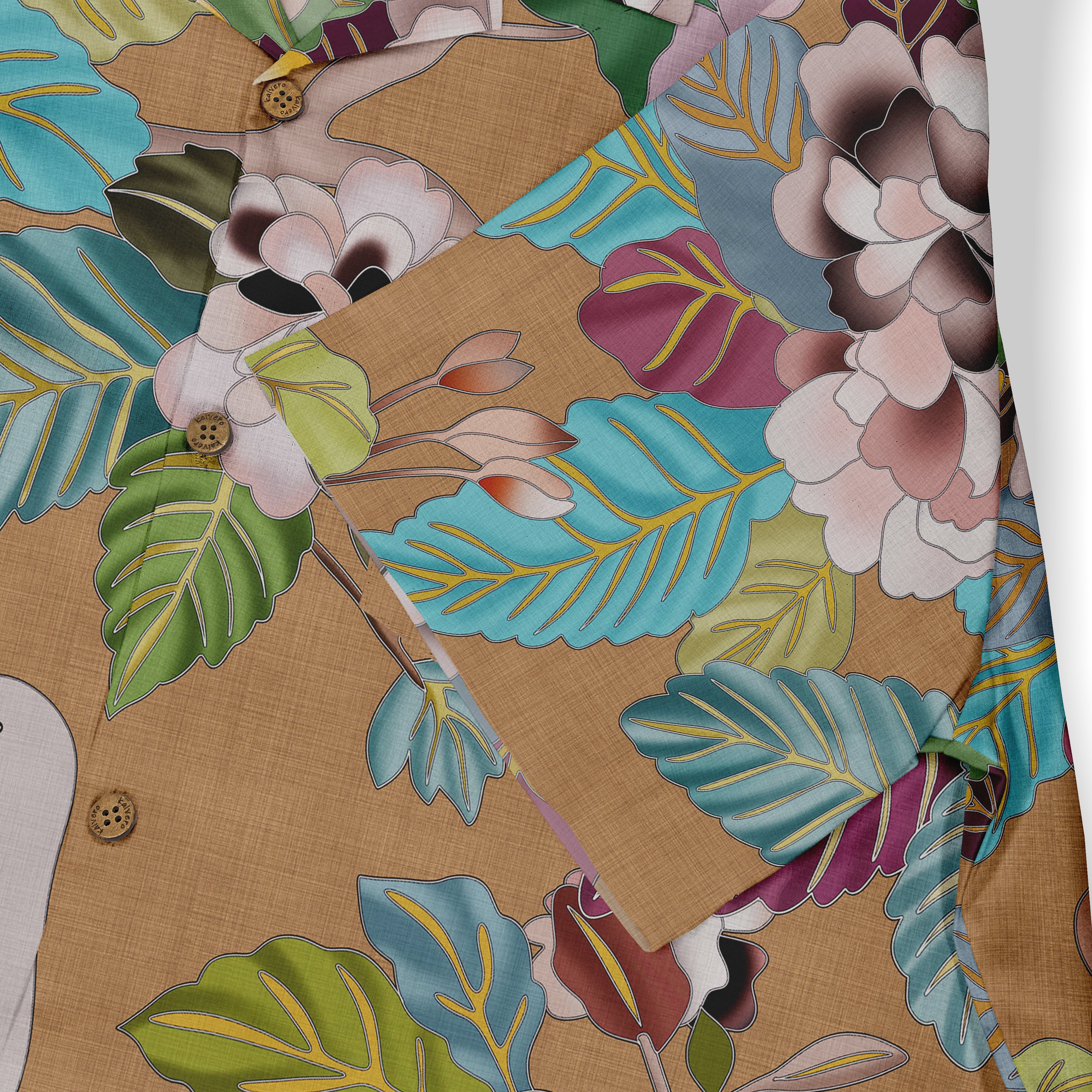 Brown shirt with colorful floral and leaf patterns.