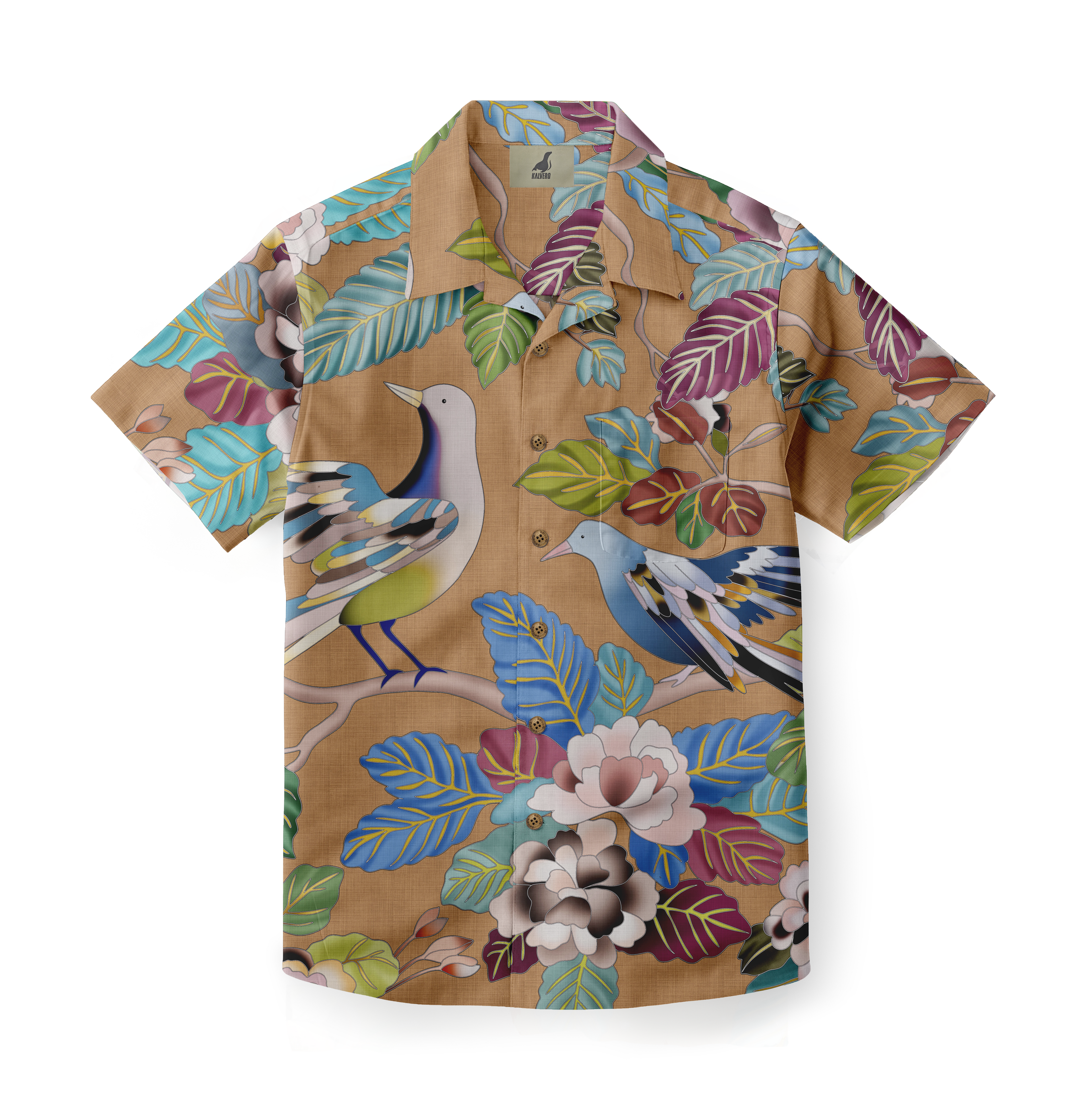 A vibrant, short-sleeved shirt with a tropical bird and leaf pattern.
